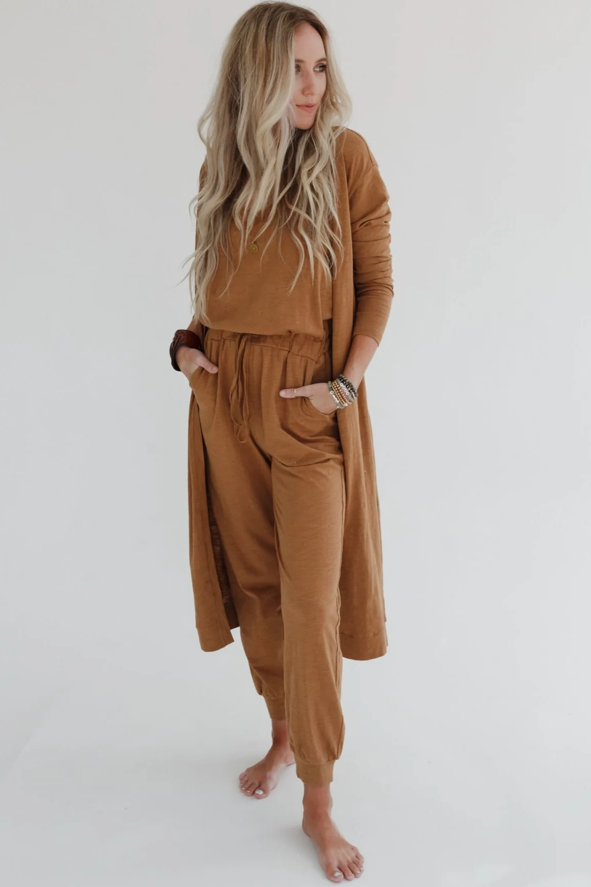 Set to Go Textured Jumpsuit And Cardigan Set - Camel
