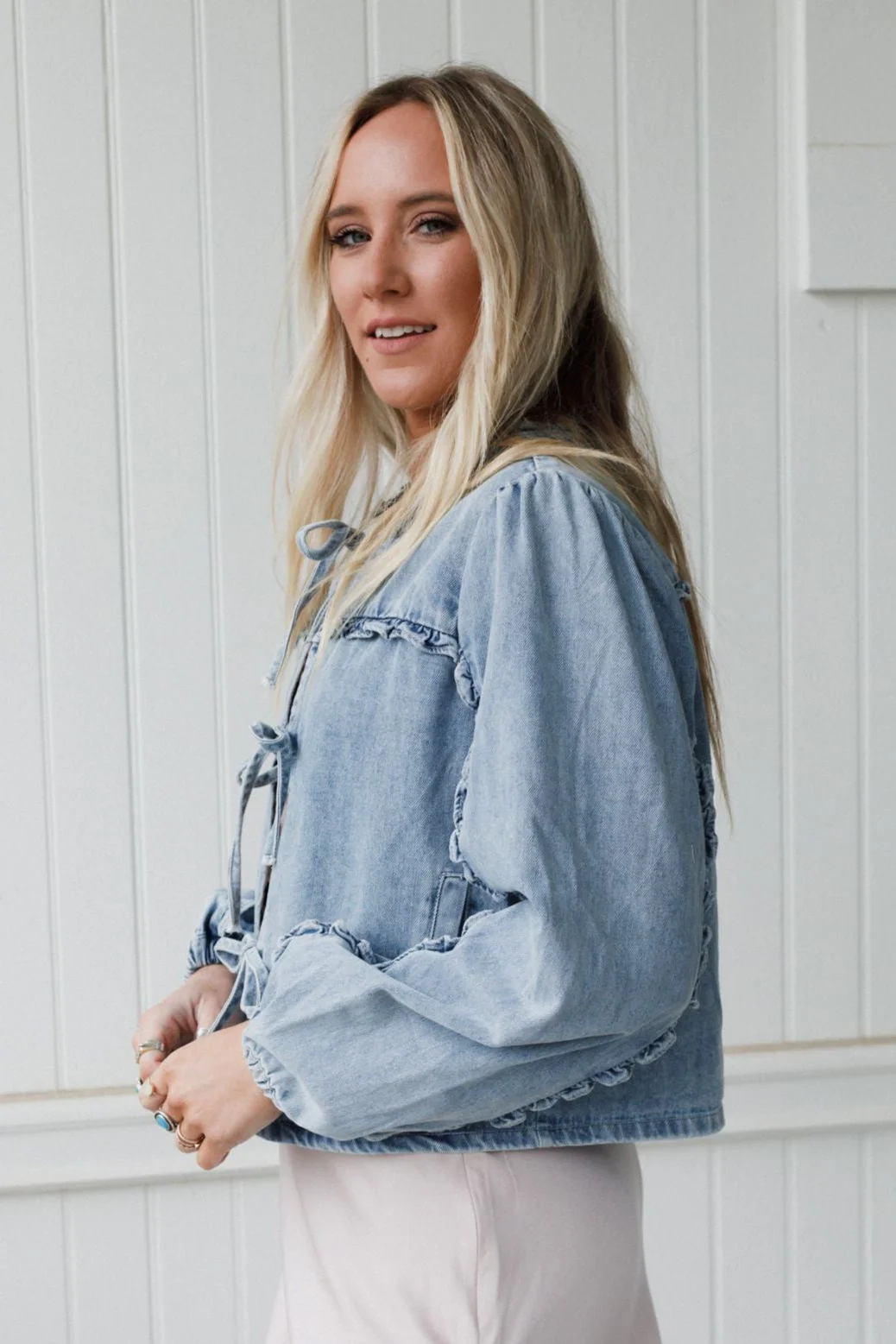 Adrian Tie Front Denim Jacket - Light Denim - Image 2