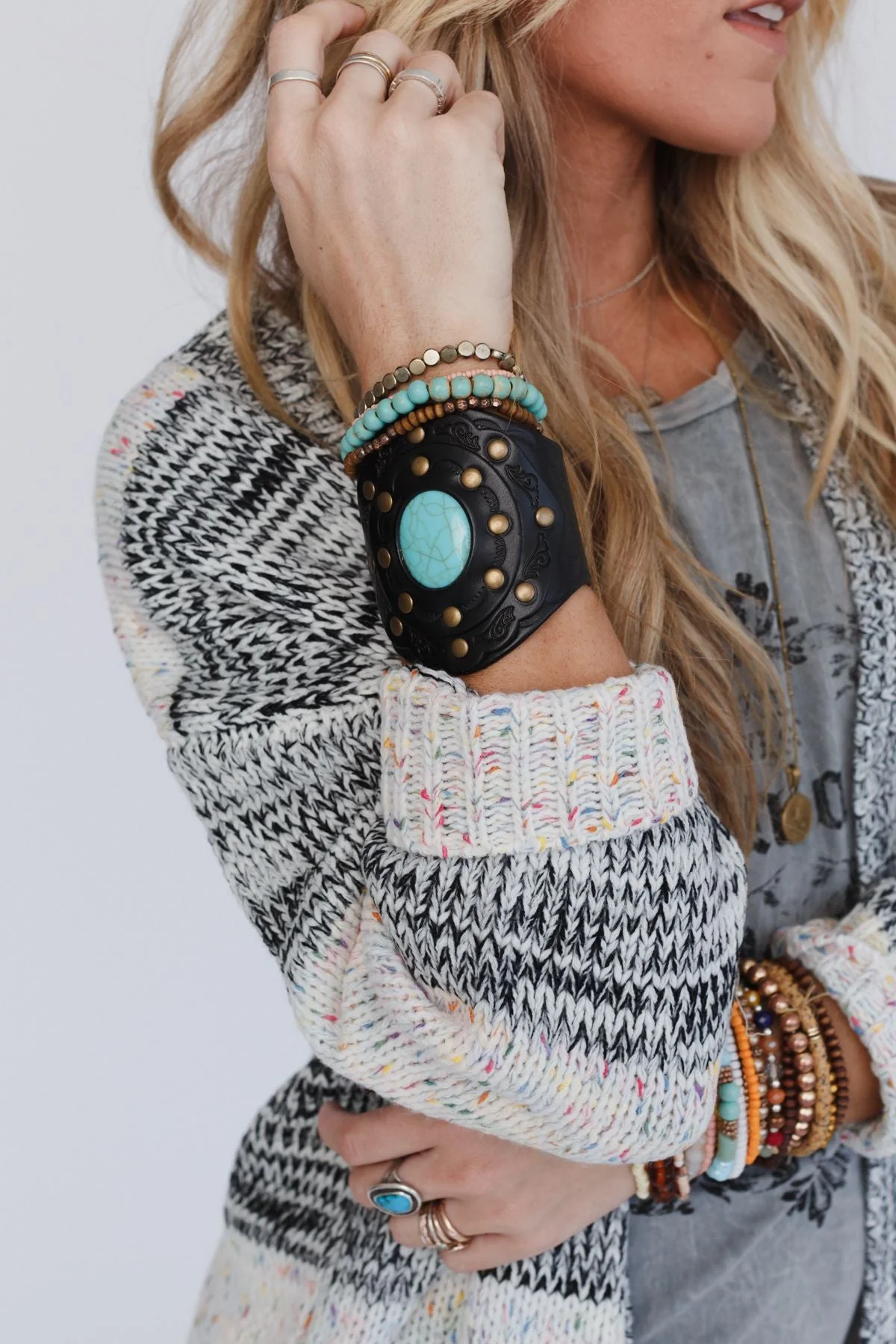 Aegean Boho Leather Cuff Bracelet - Black - Image 2