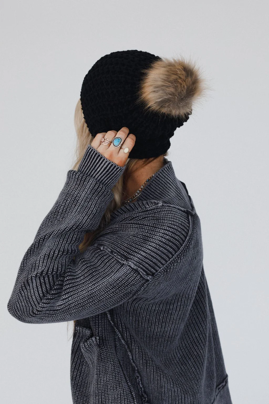 Aspen Waffle Knit Faux Fur Beanie - Black - Image 10