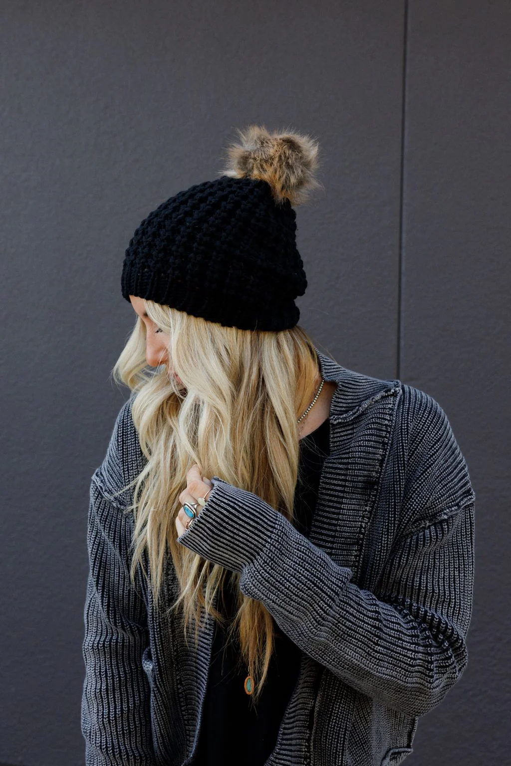 Aspen Waffle Knit Faux Fur Beanie - Black - Image 2
