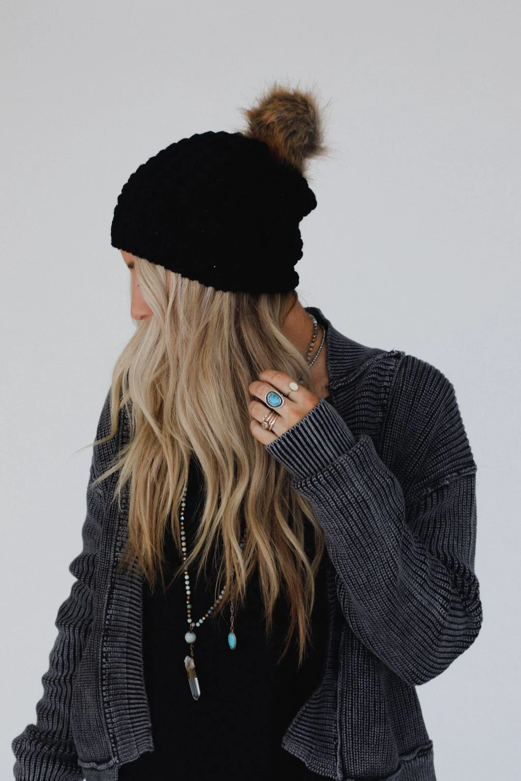 Aspen Waffle Knit Faux Fur Beanie - Black - Image 3