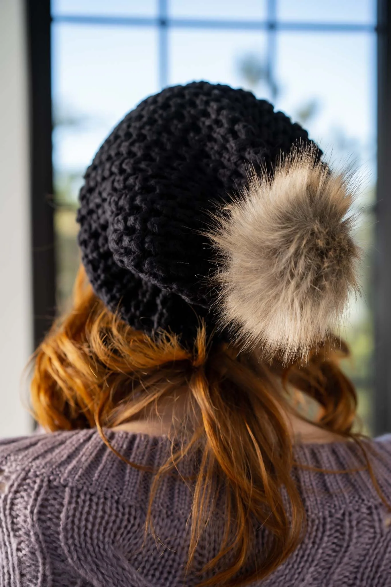 Aspen Waffle Knit Faux Fur Beanie - Black - Image 7