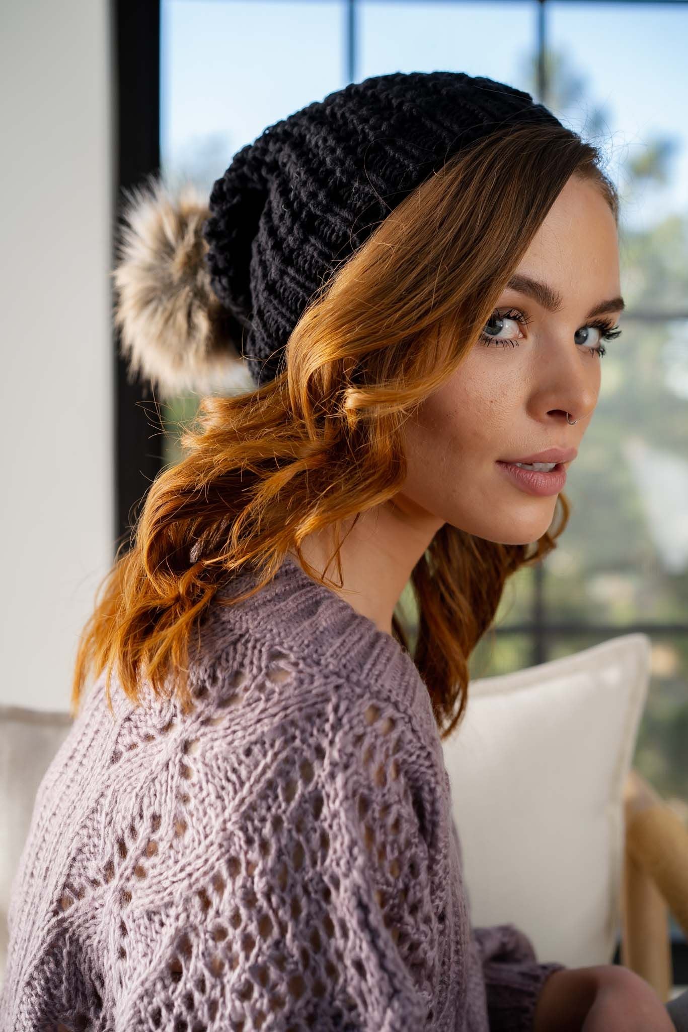 Aspen Waffle Knit Faux Fur Beanie - Black - Image 8