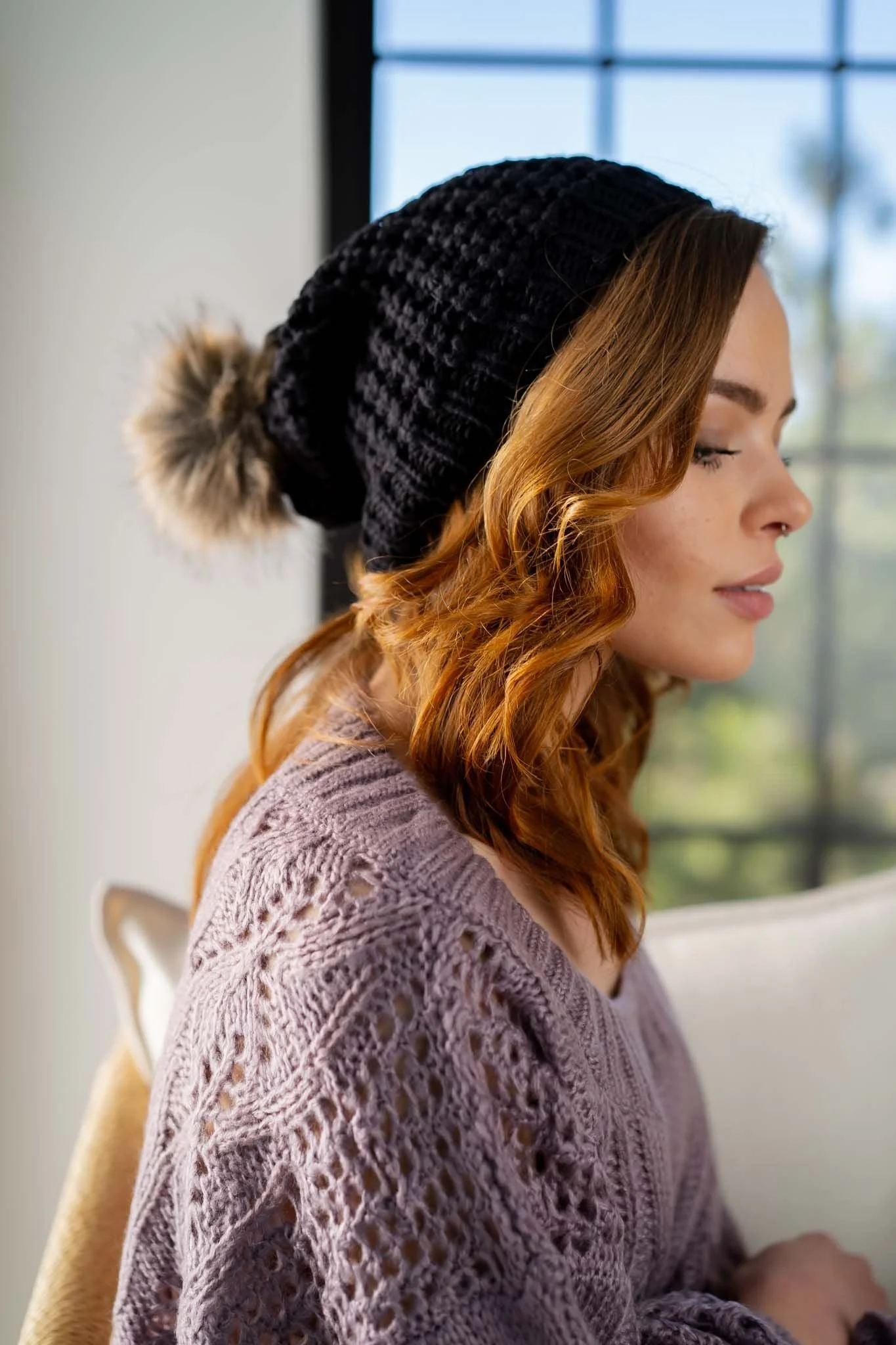 Aspen Waffle Knit Faux Fur Beanie - Black - Image 9