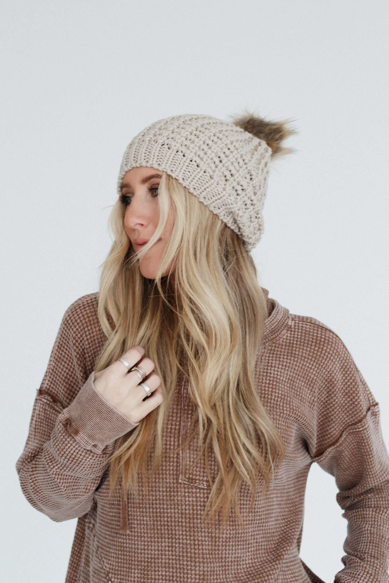 Aspen Waffle Knit Faux Fur Beanie - Mocha - Image 10