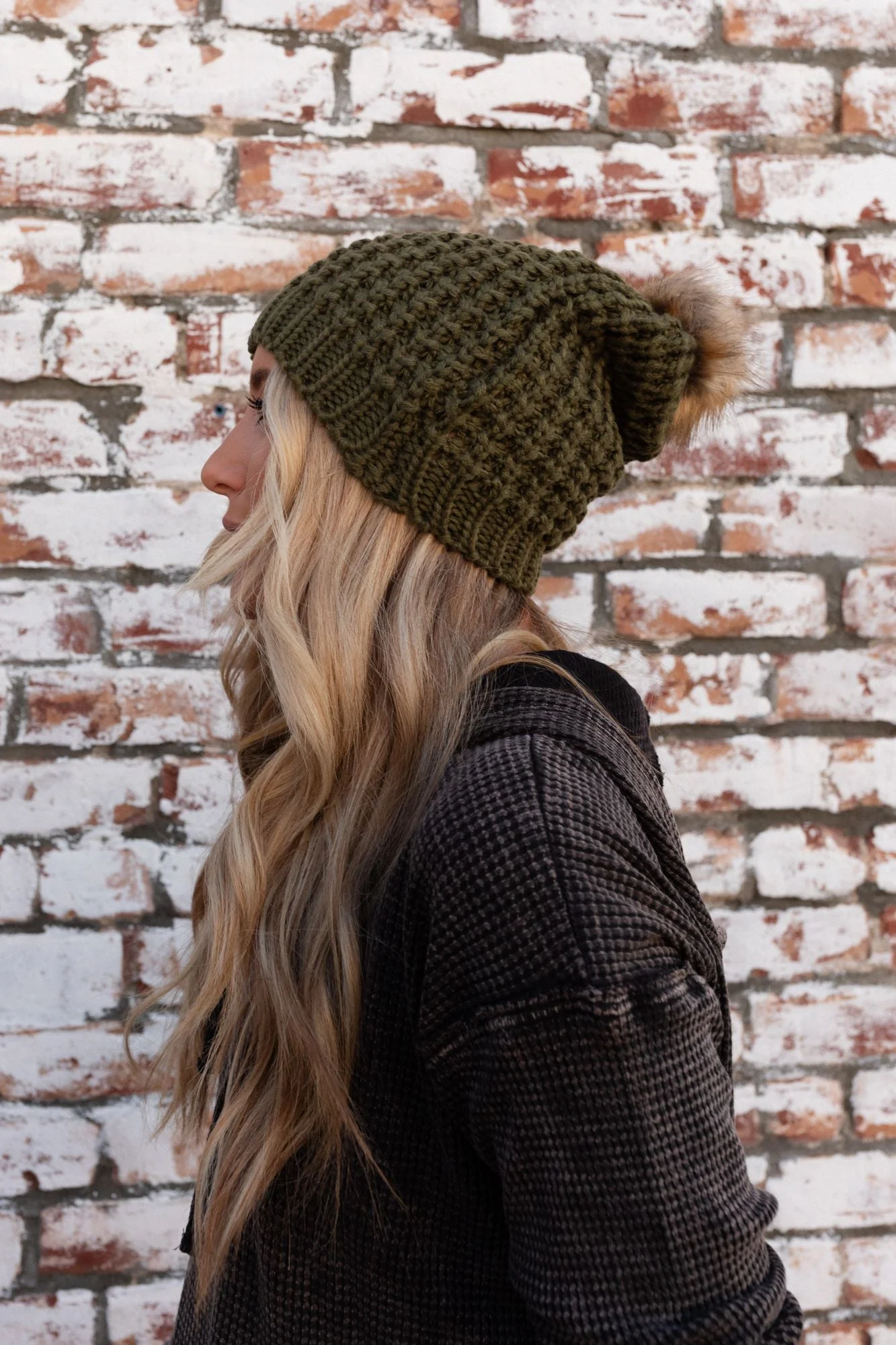 Aspen Waffle Knit Faux Fur Beanie - Olive - Image 5