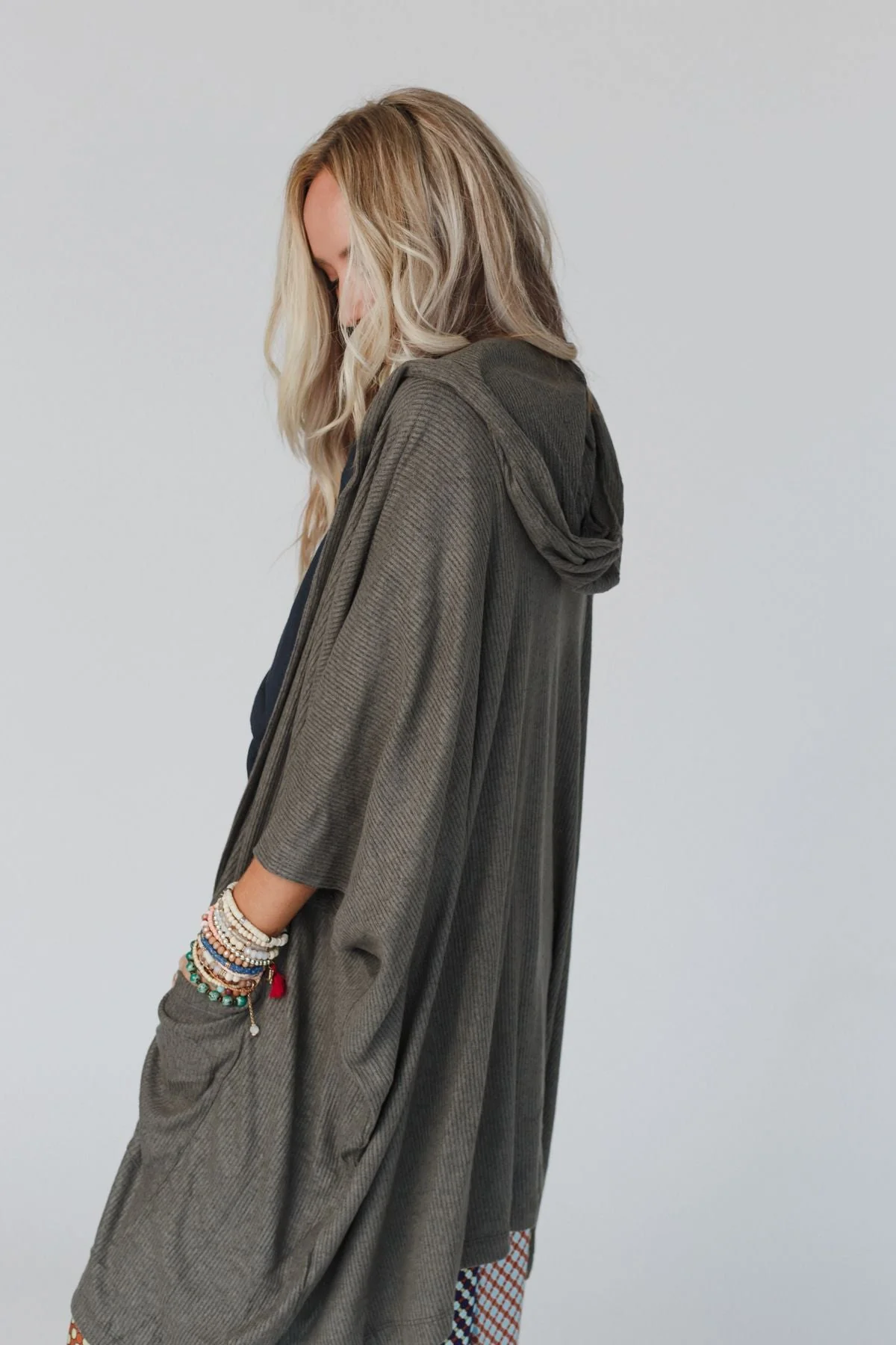 The Nest Boho Essential Hooded Ribbed Sweater - Olive - Image 3