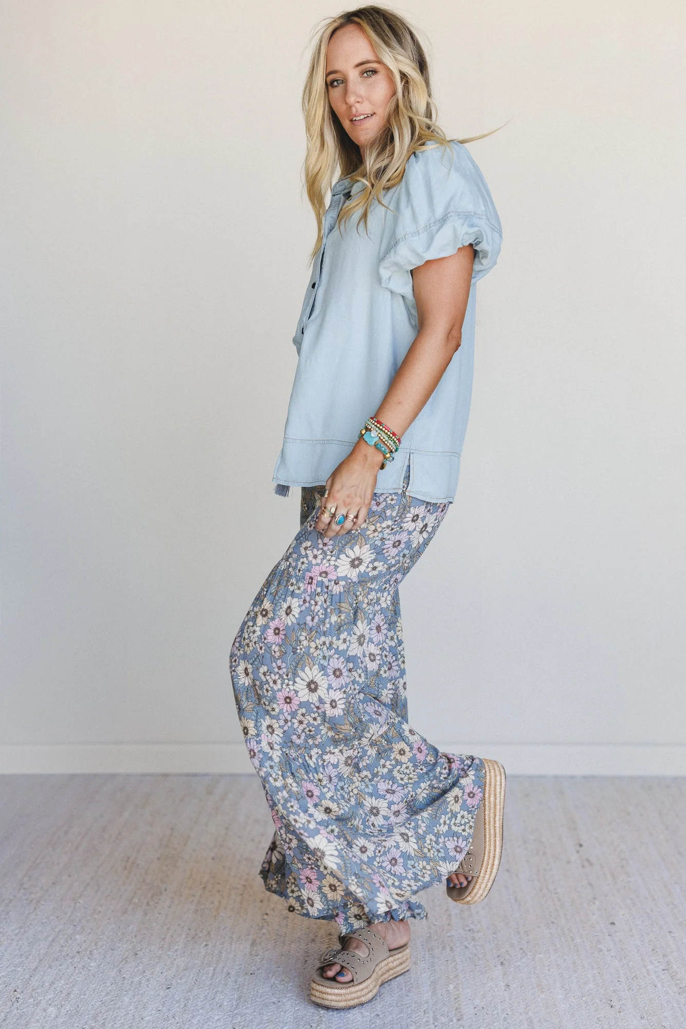Botanic Drift Wide Leg Pants - Dusty Blue - Image 4