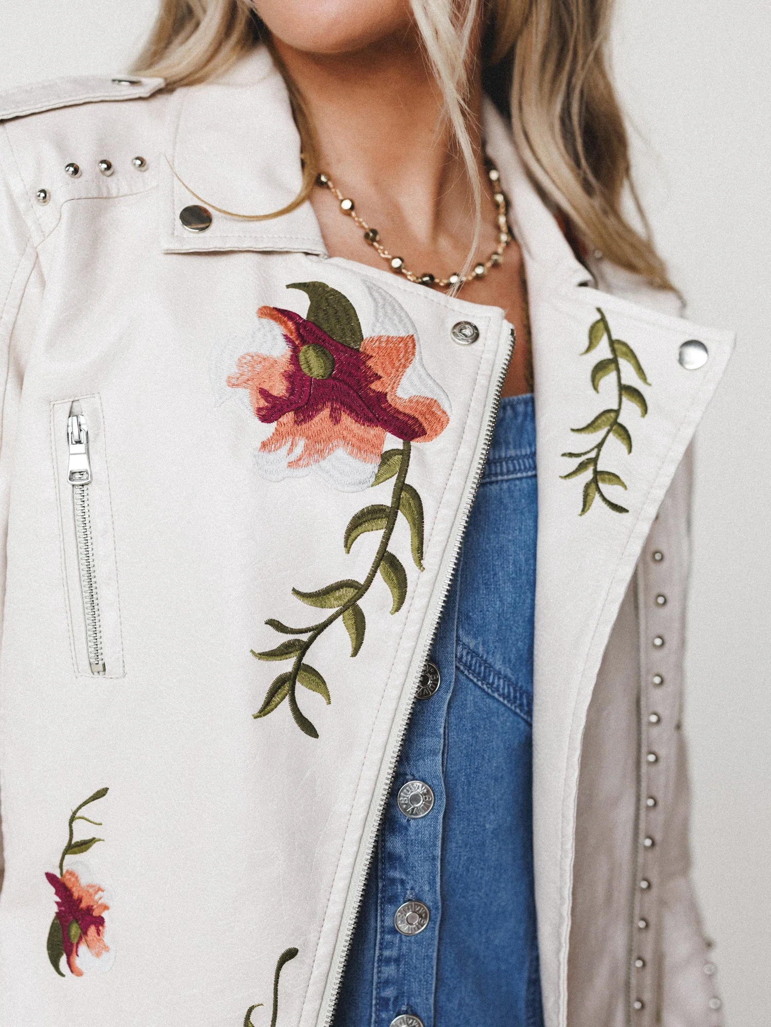 Brooklyn Embroidered Studded Jacket - Beige - Image 4