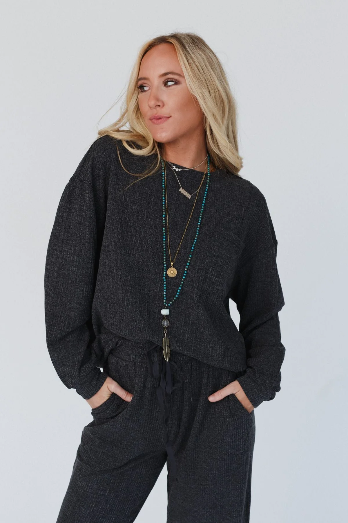 Calling The Shots Waffle Knit Set - Charcoal - Image 5