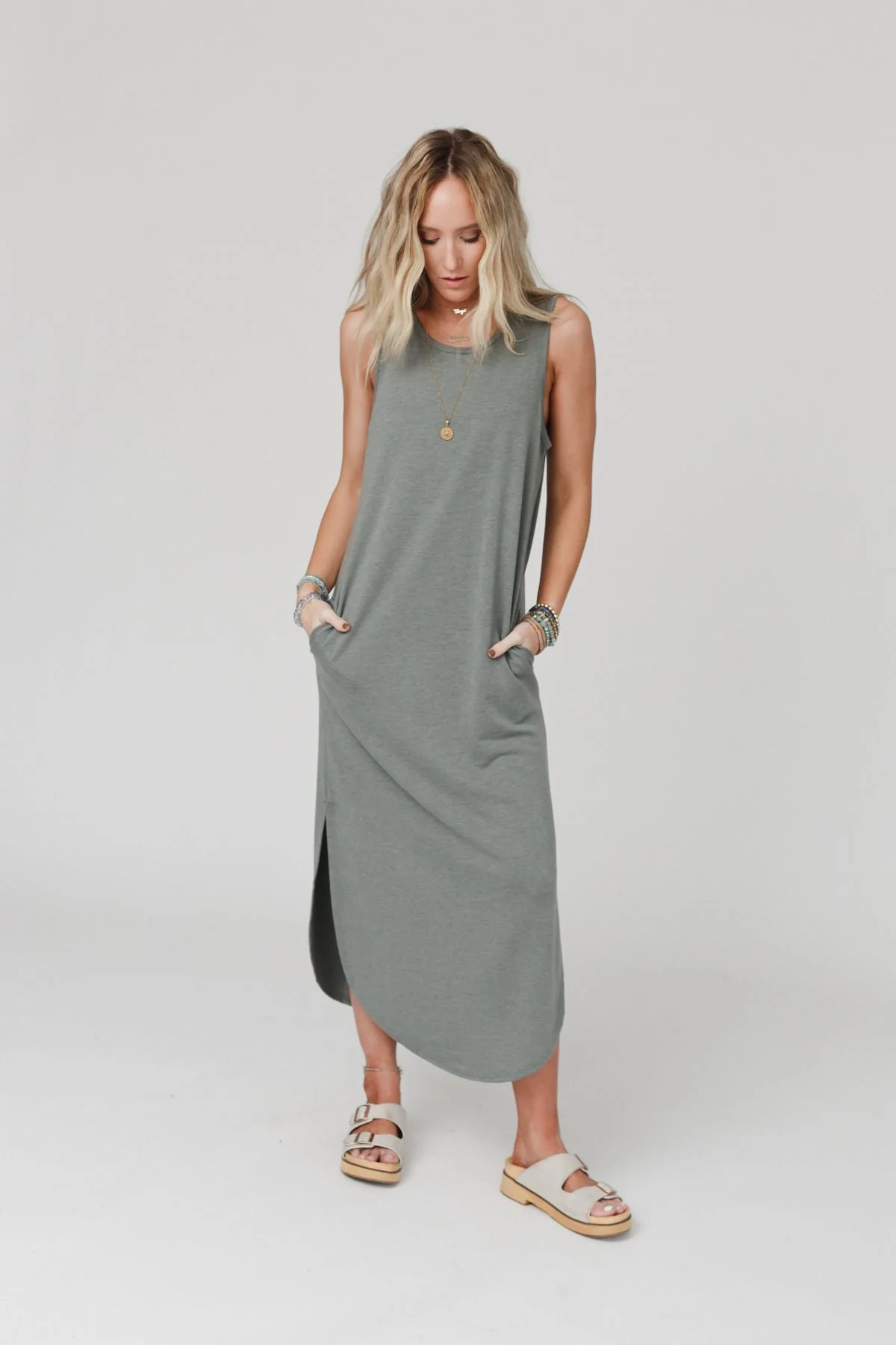 Cassie Sleeveless Pocket Maxi Dress - Light Olive - Image 7