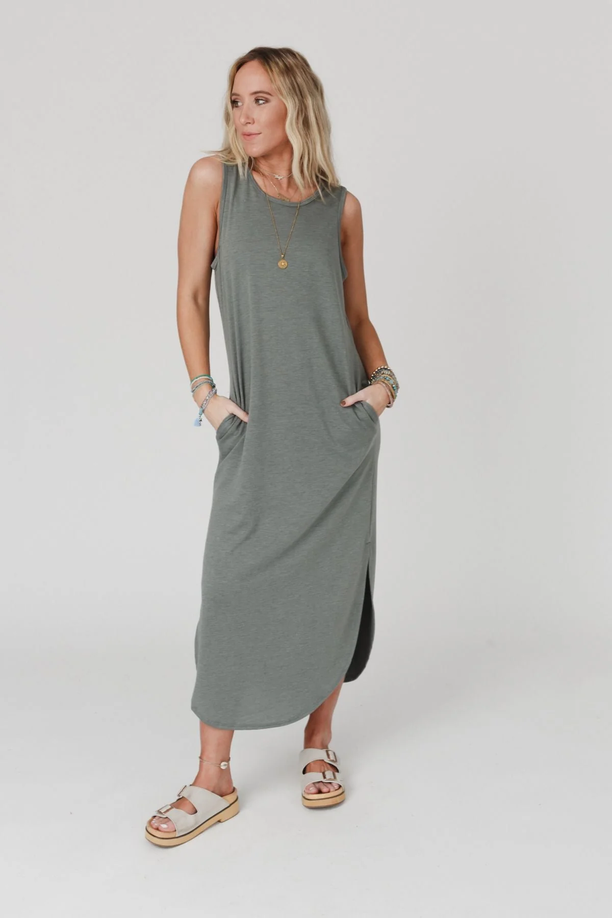 Cassie Sleeveless Pocket Maxi Dress - Light Olive - Image 8