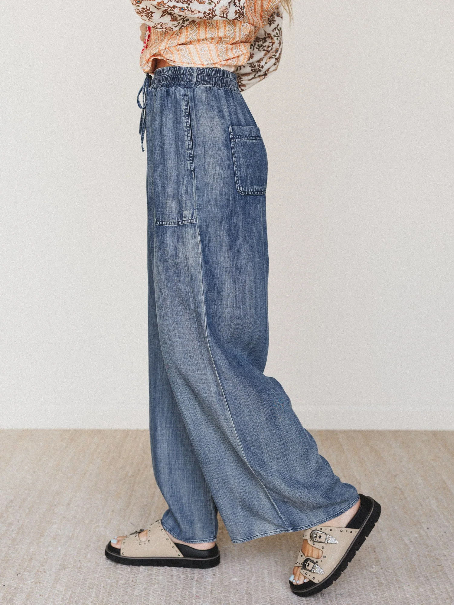 Casual Step Wide Leg Pants - Dark Denim - Image 2