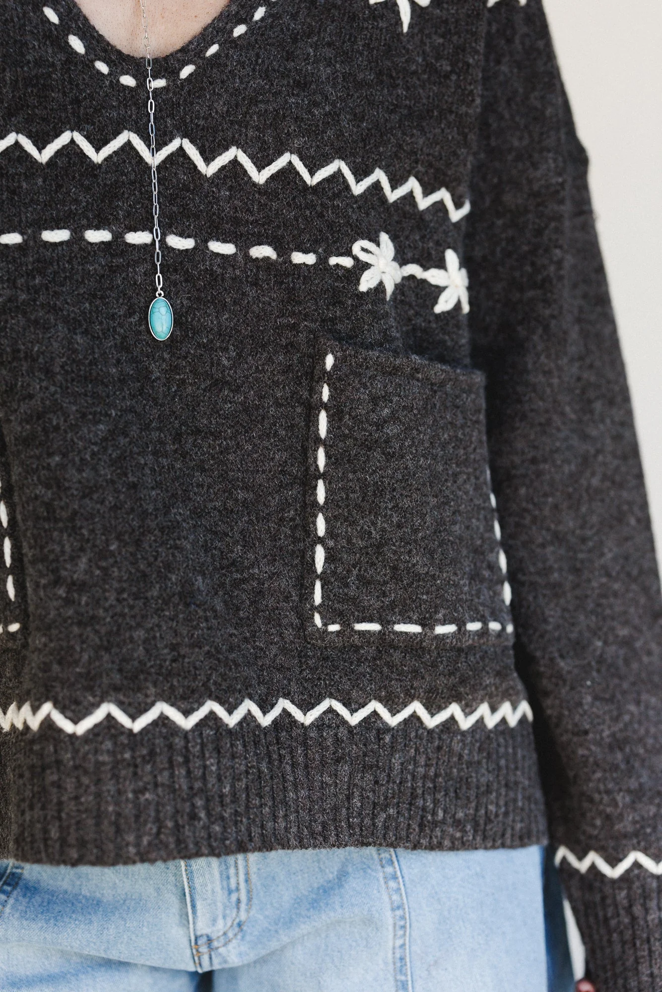 Chai Embroidered Knit Sweater - Charcoal - Image 3