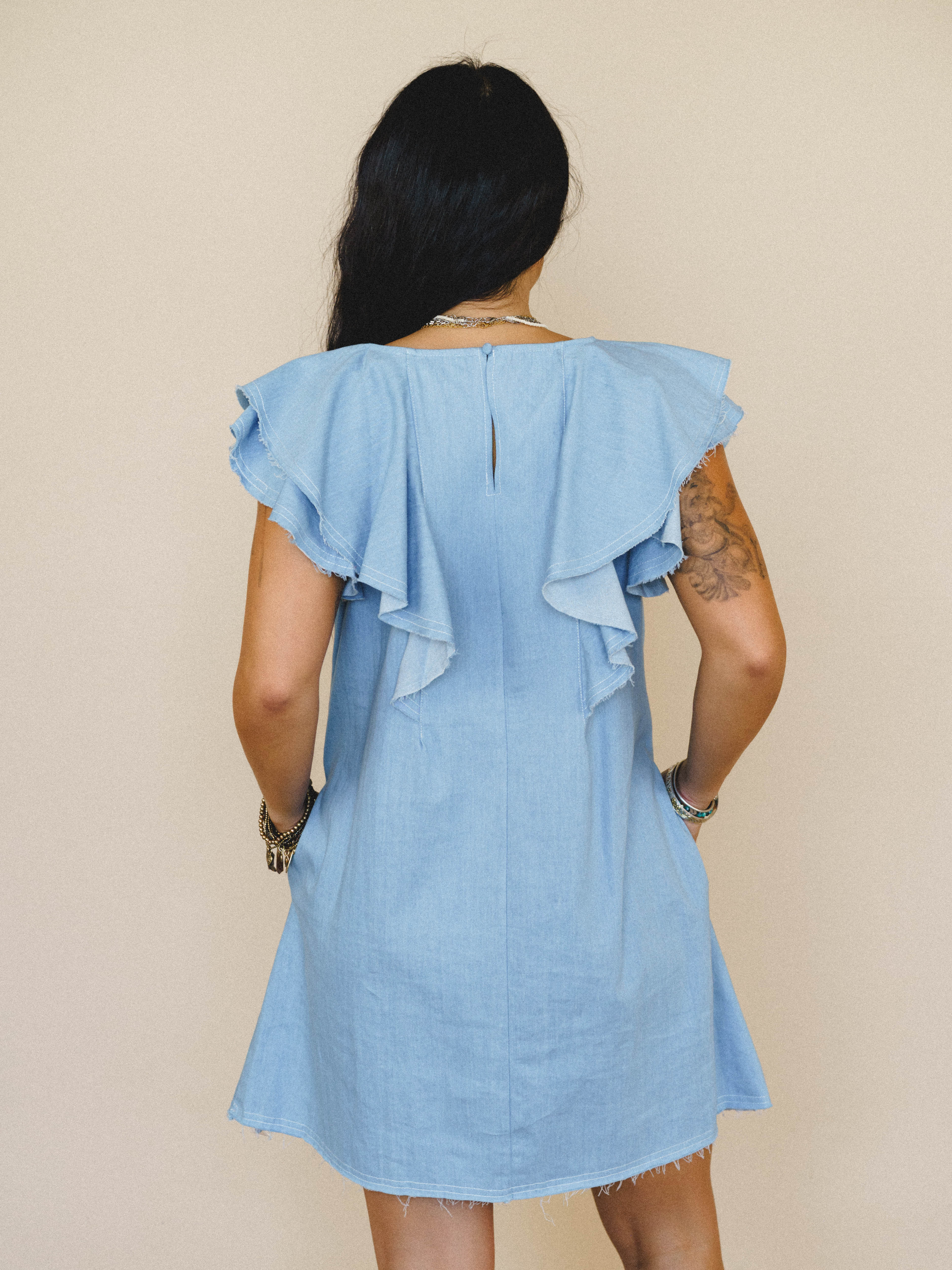 Chambray Daydream Flutter Sleeve Dress - Light Denim - Image 2