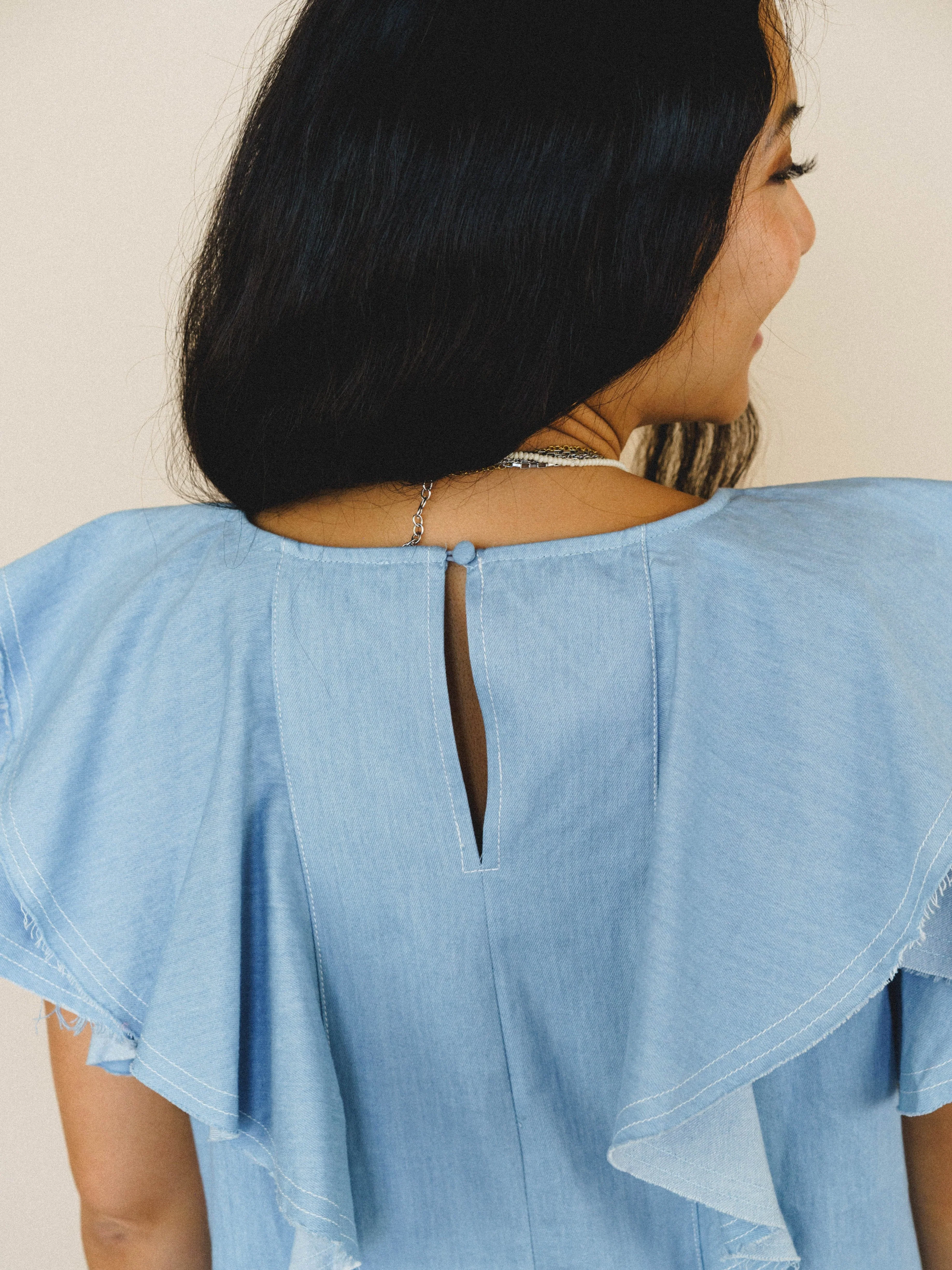Chambray Daydream Flutter Sleeve Dress - Light Denim - Image 4