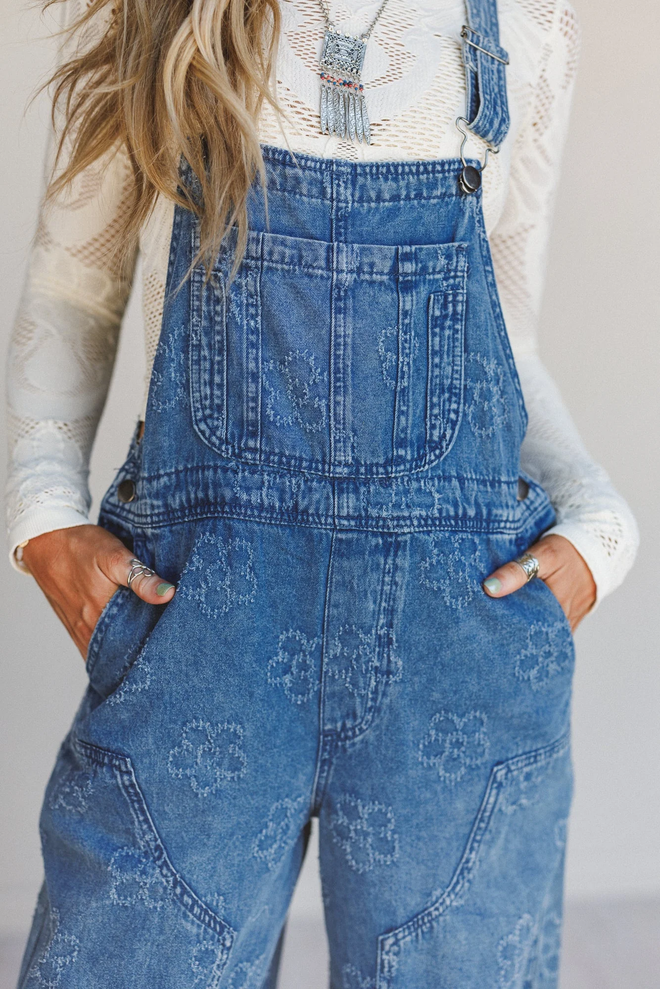 Chasing Horizons Flower Pattern Overalls - Washed Denim - Pre Order - Image 2