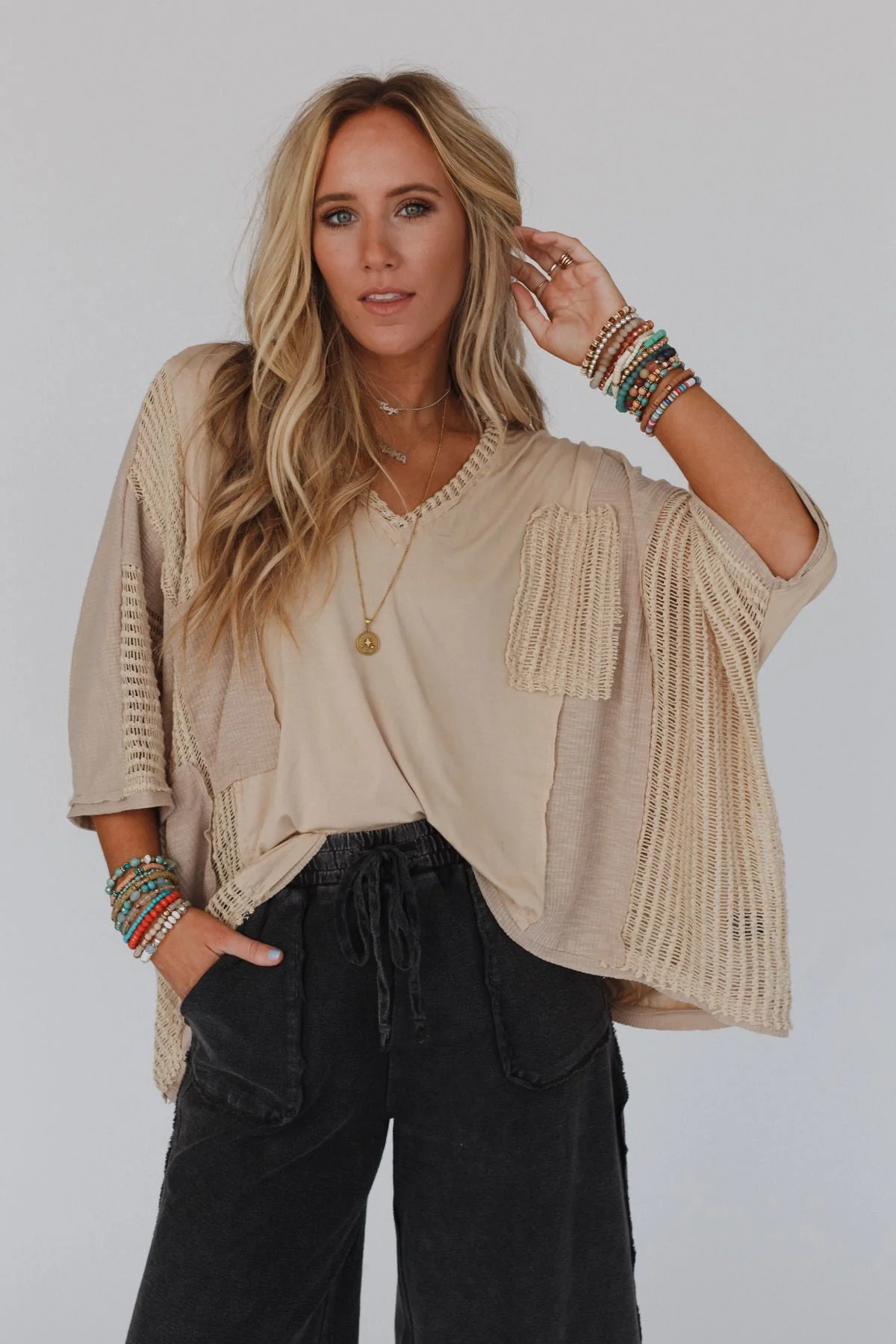 City Drifter Oversized Contrast Top - Taupe - Image 3