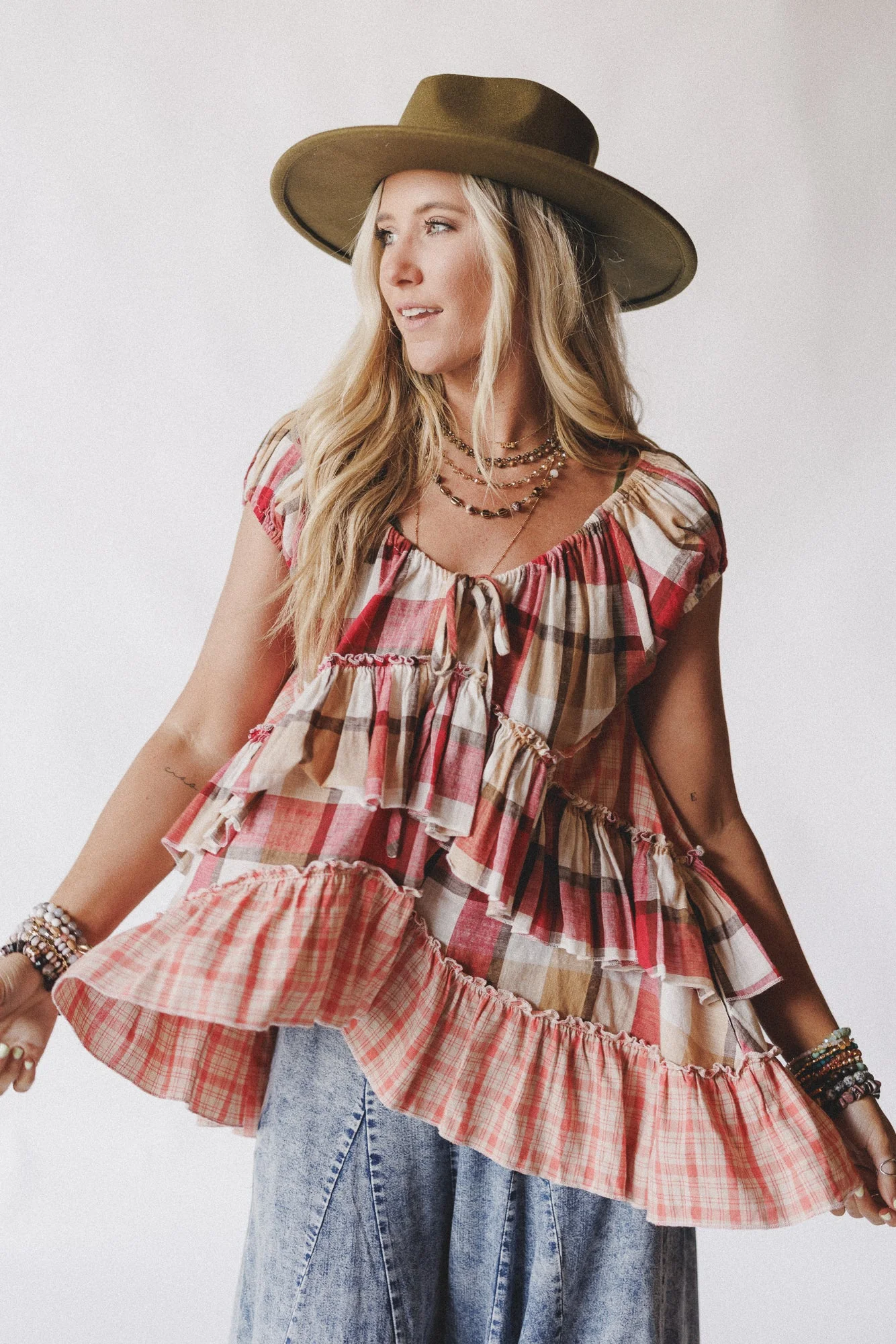 Clover Stitch Plaid Top - Pink - Image 4