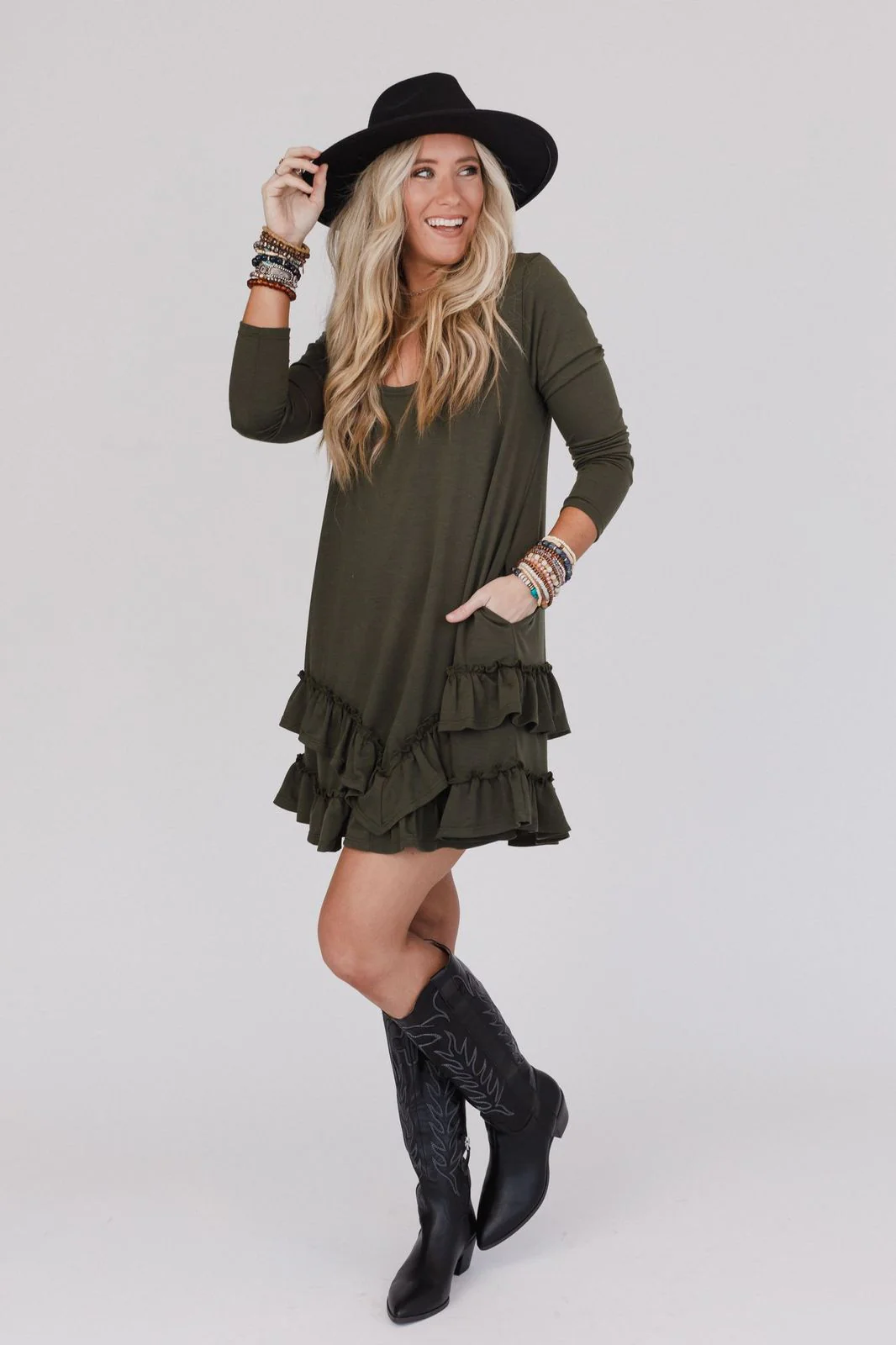 The Nest Constance Ruffle Hem Long Sleeve Dress - Olive - Image 2
