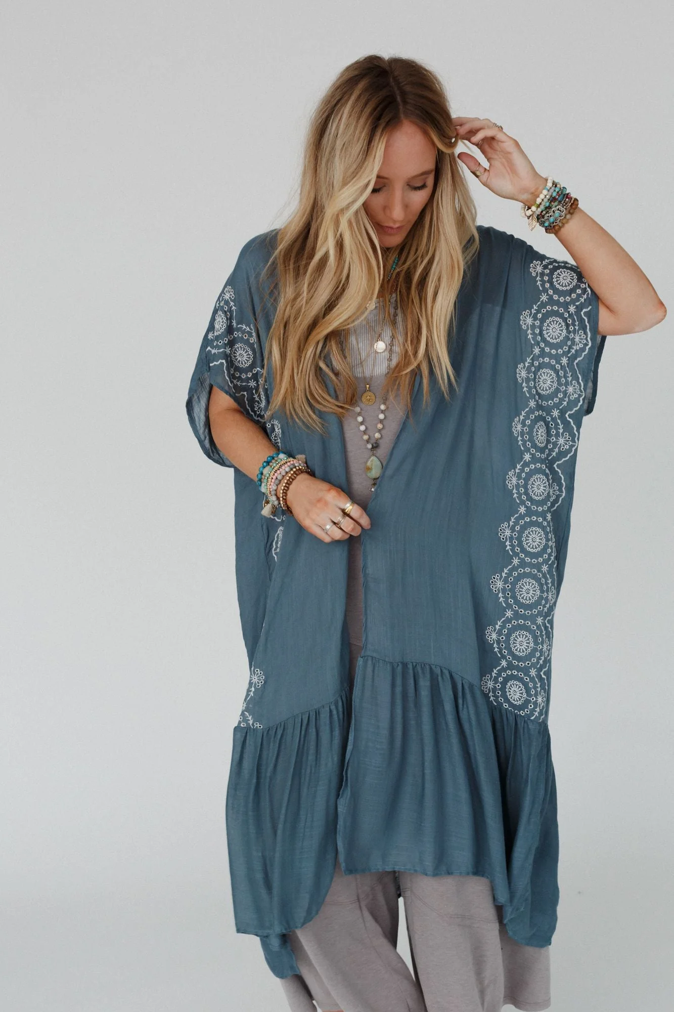 Coronado Embroidered Longline Kimono - Blue Gray - Image 3