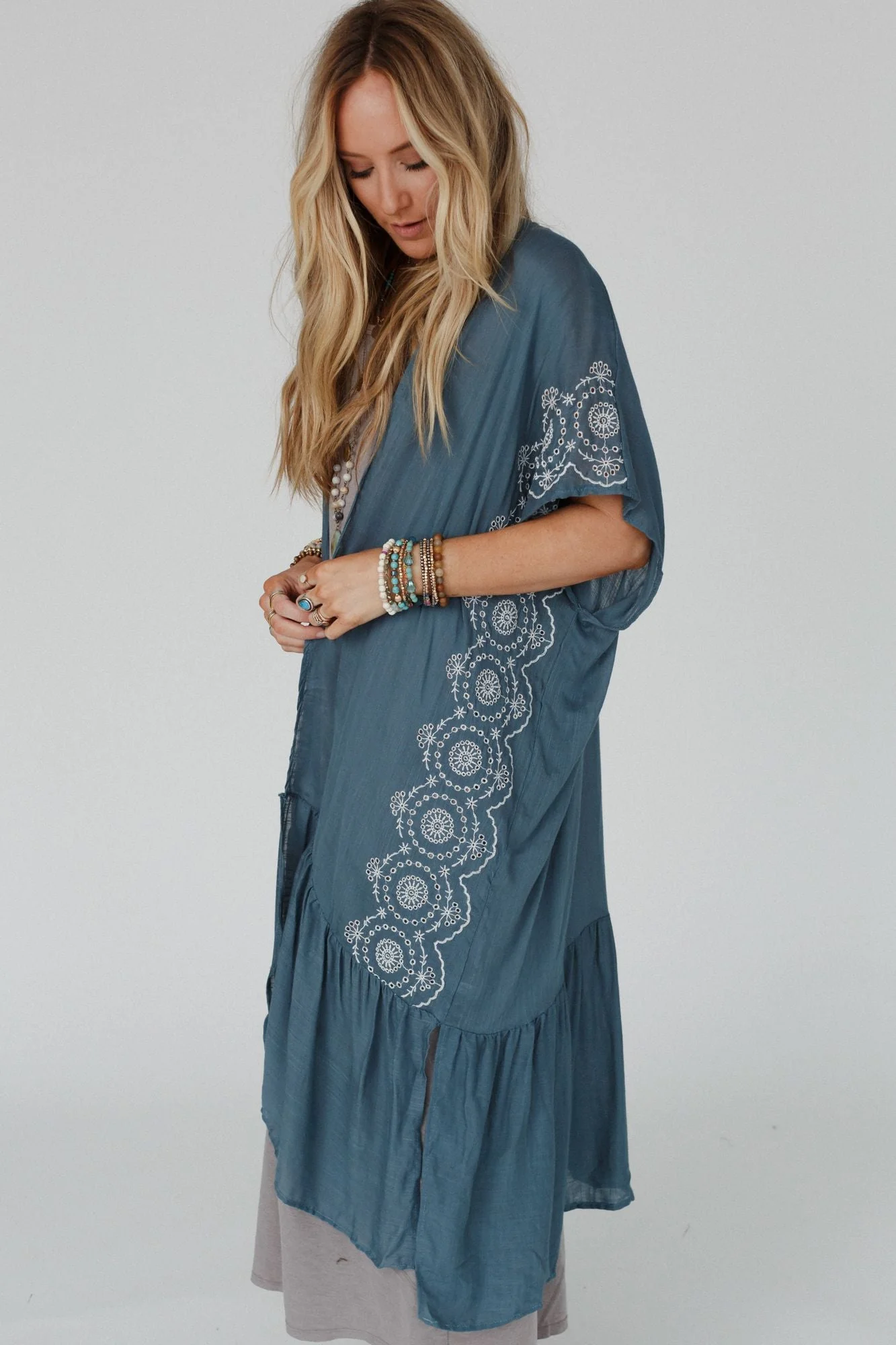 Coronado Embroidered Longline Kimono - Blue Gray - Image 6