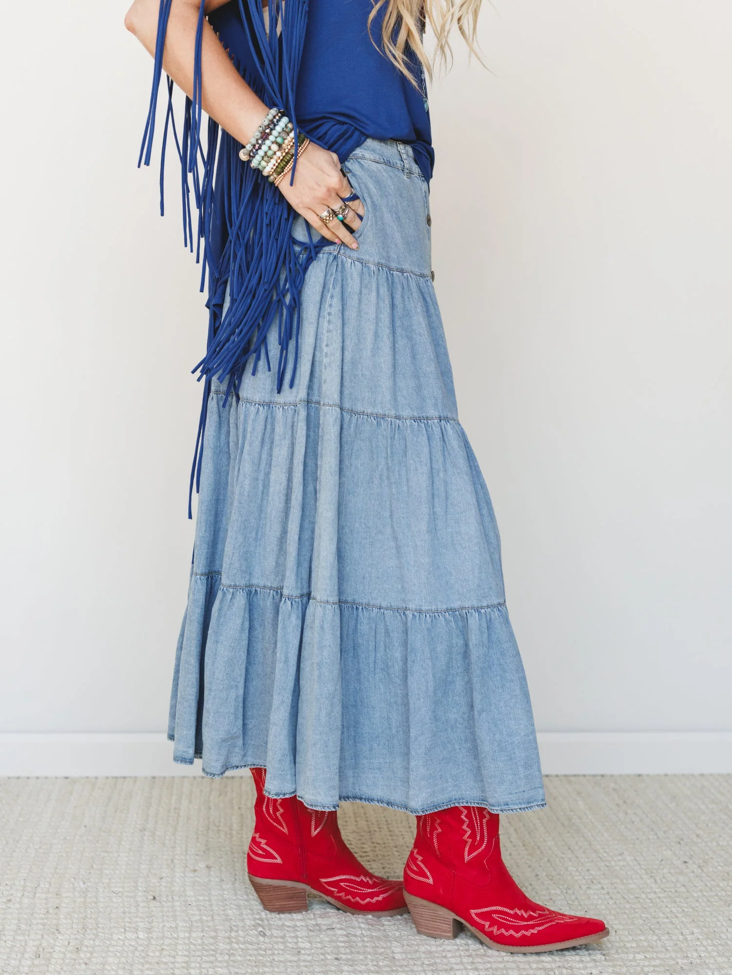 Country Mart Tiered Maxi Skirt - Denim - Image 3