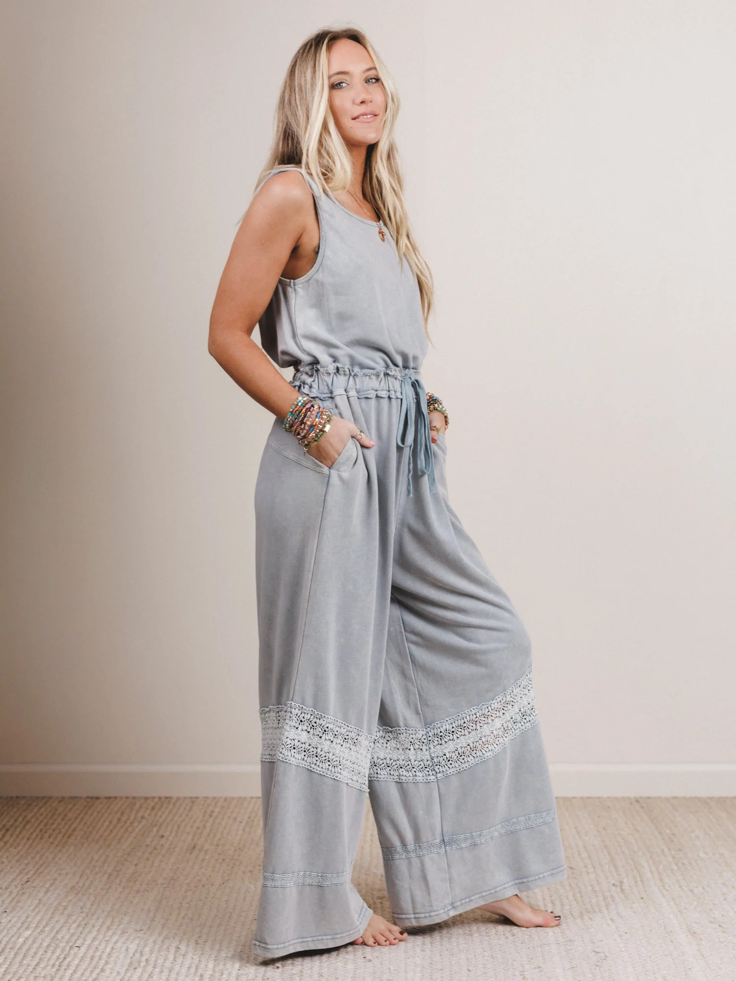 Country Sunshine Crochet Wide Leg Jumpsuit - Blue - Image 2