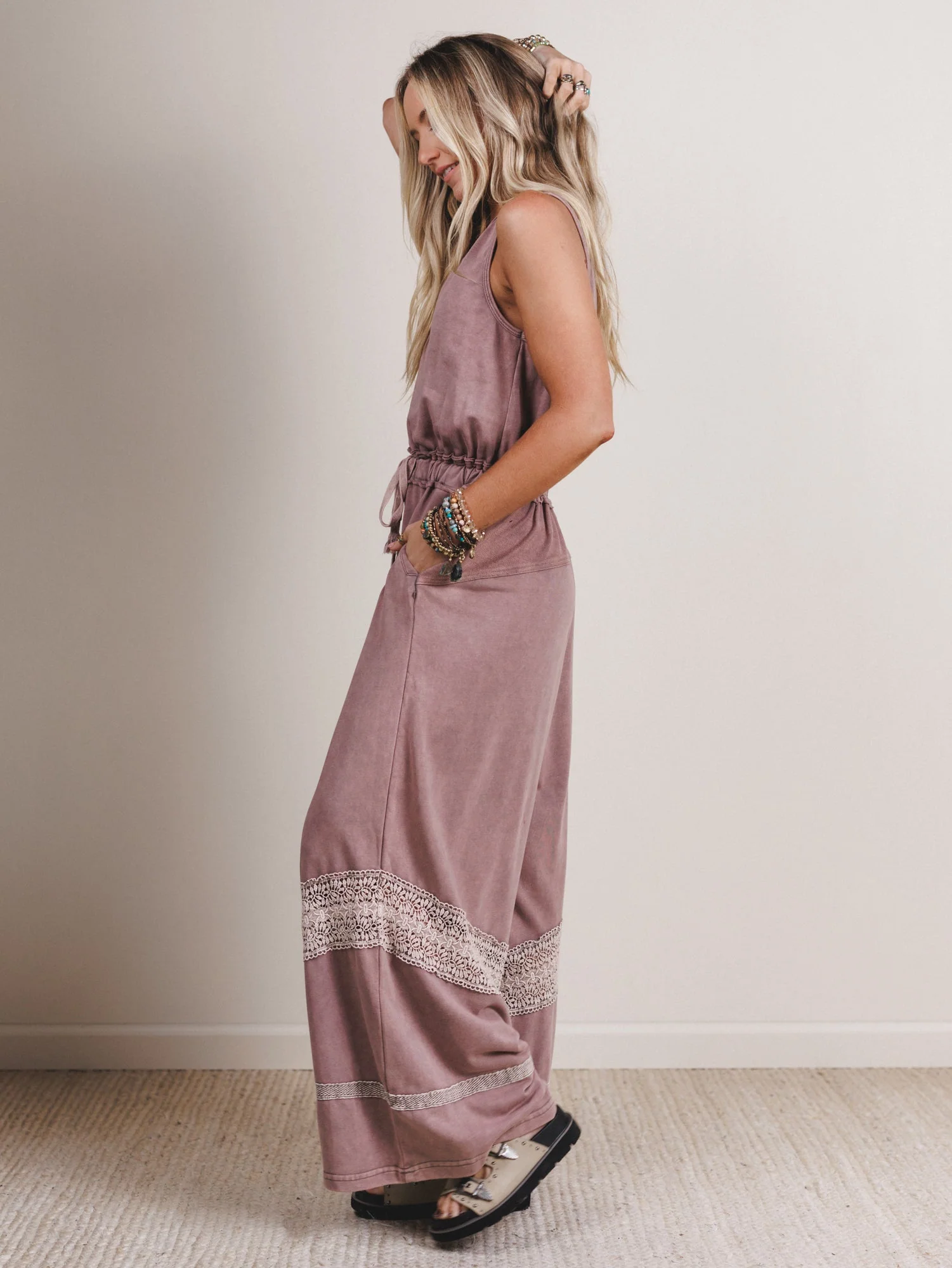 Country Sunshine Crochet Wide Leg Jumpsuit - Red Bean - Image 5
