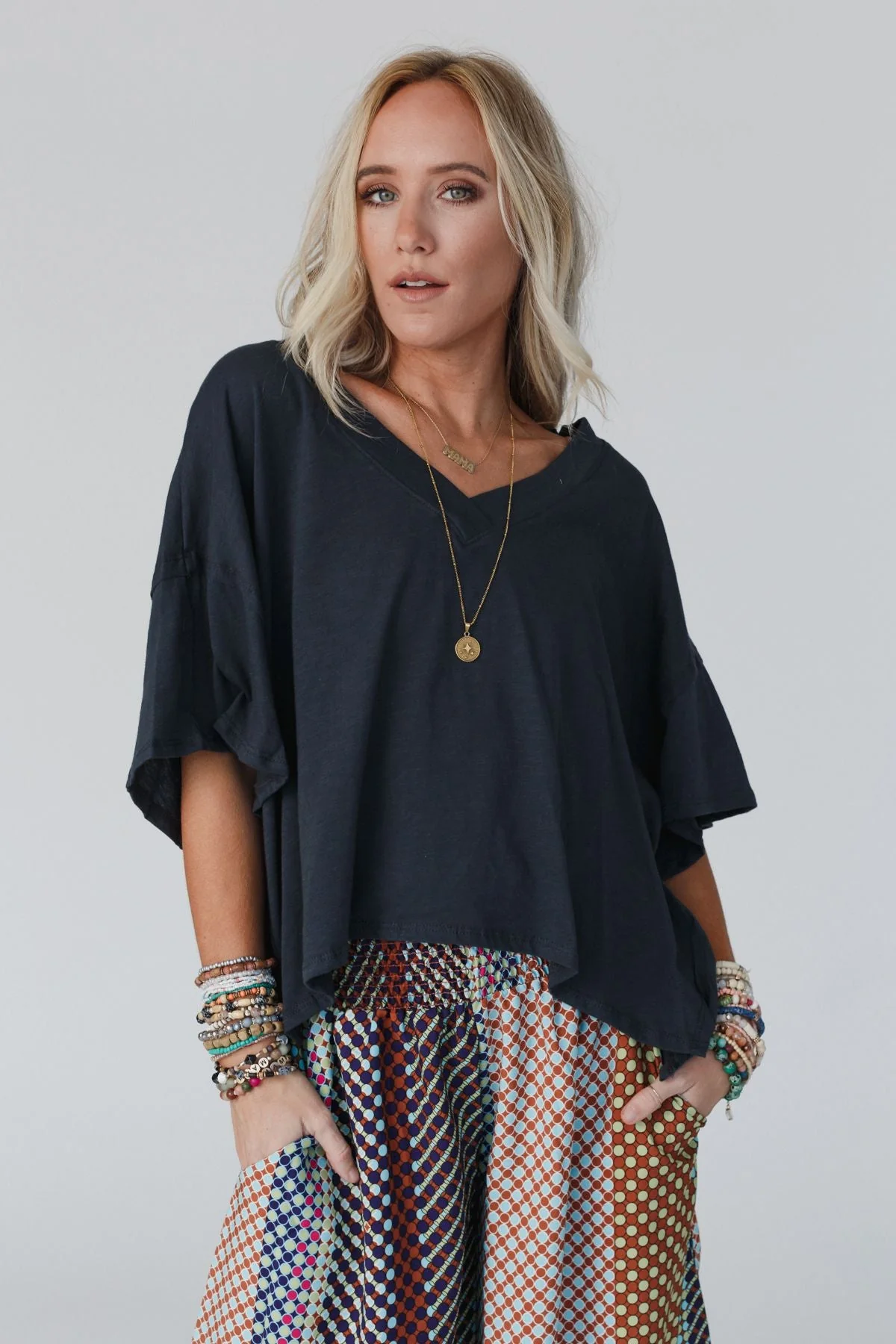 Cozy Oversized Slub V Neck Top - Navy - Pre Order