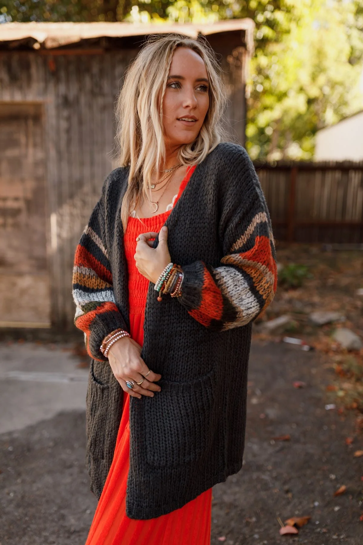 Danny Striped Sleeve Cardigan - Charcoal - Image 2