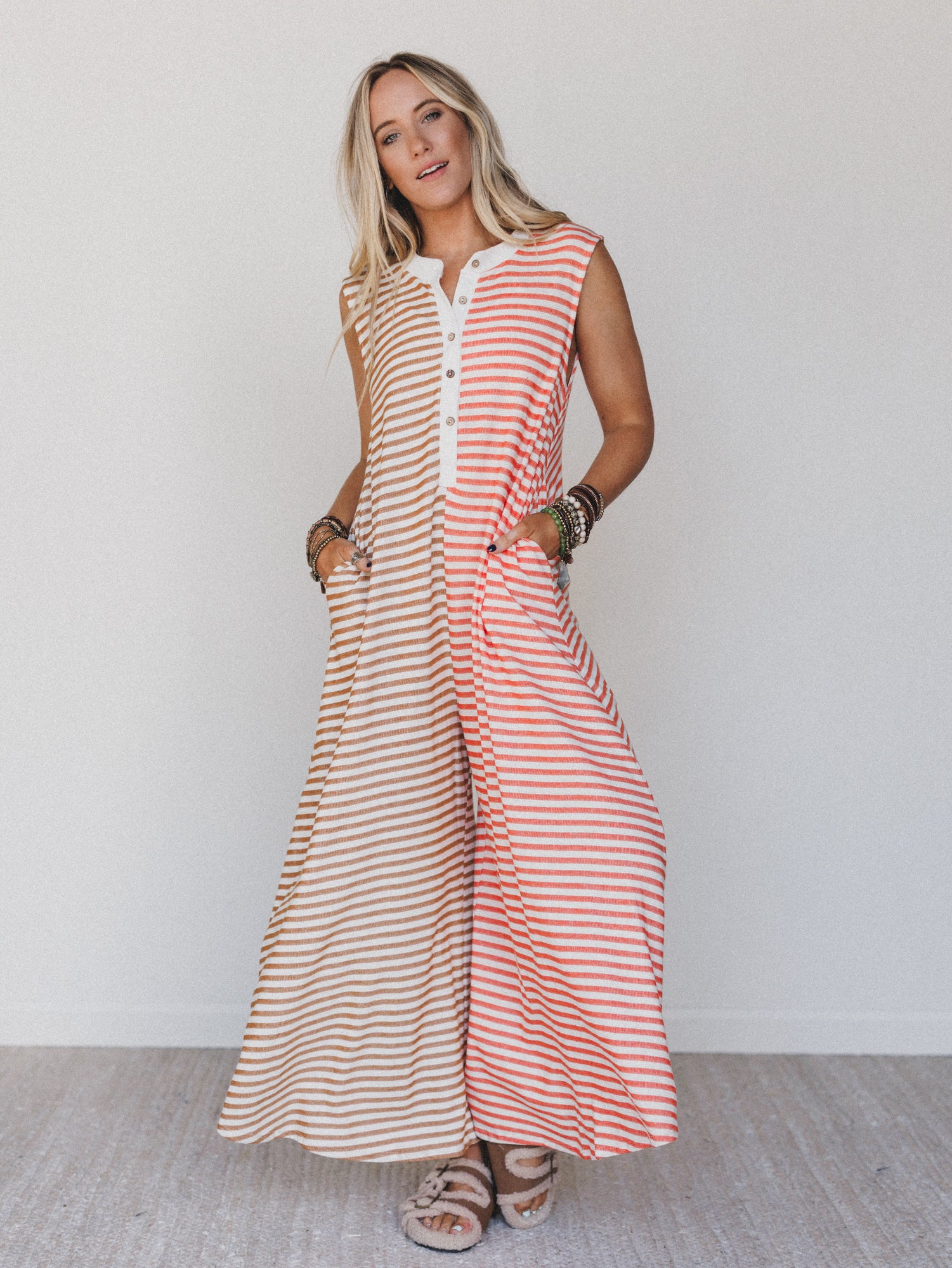 Daphne Striped Wide Leg Jumpsuit - Coral Multi