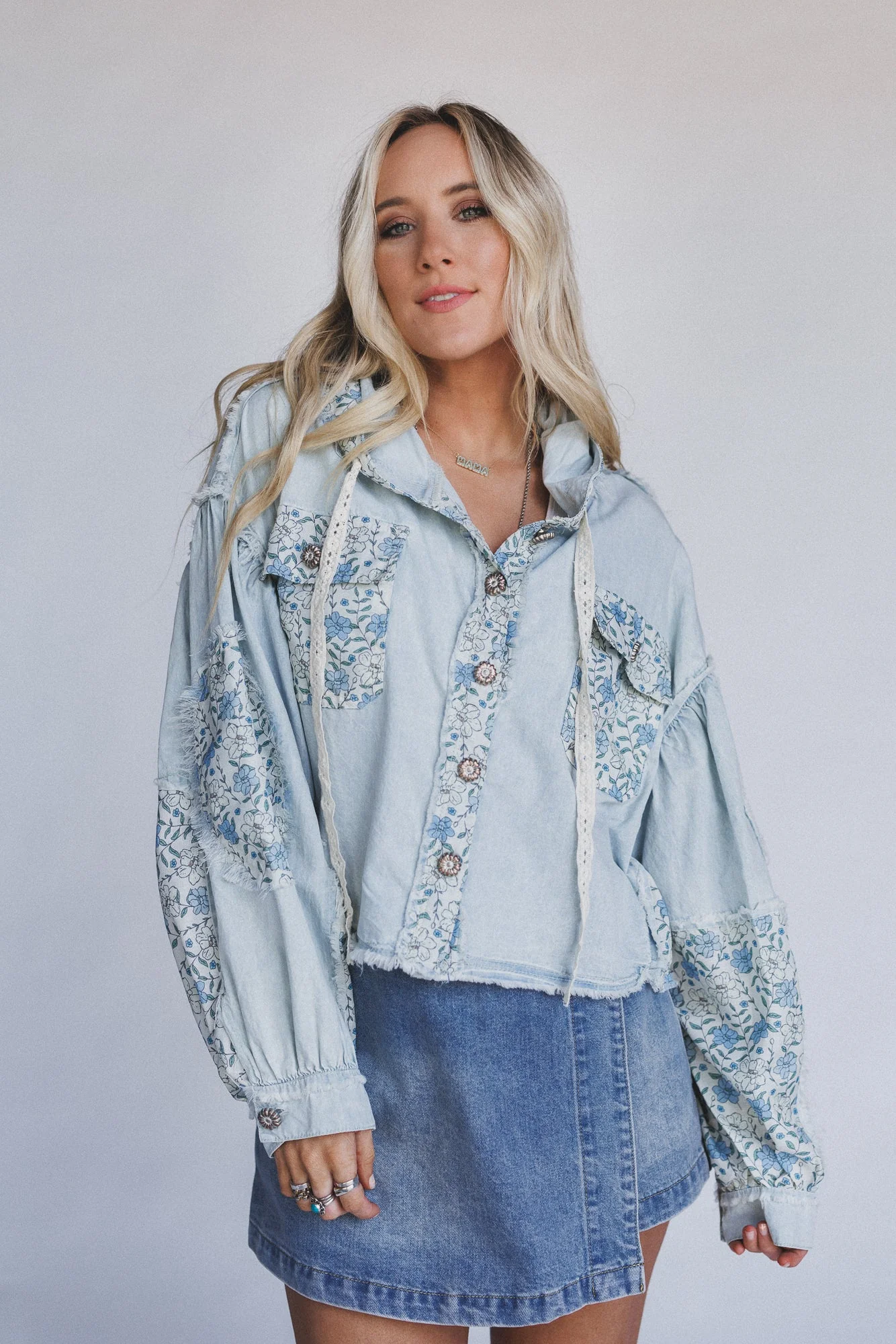 Darling Delight Floral Denim Shacket - Denim - Image 2