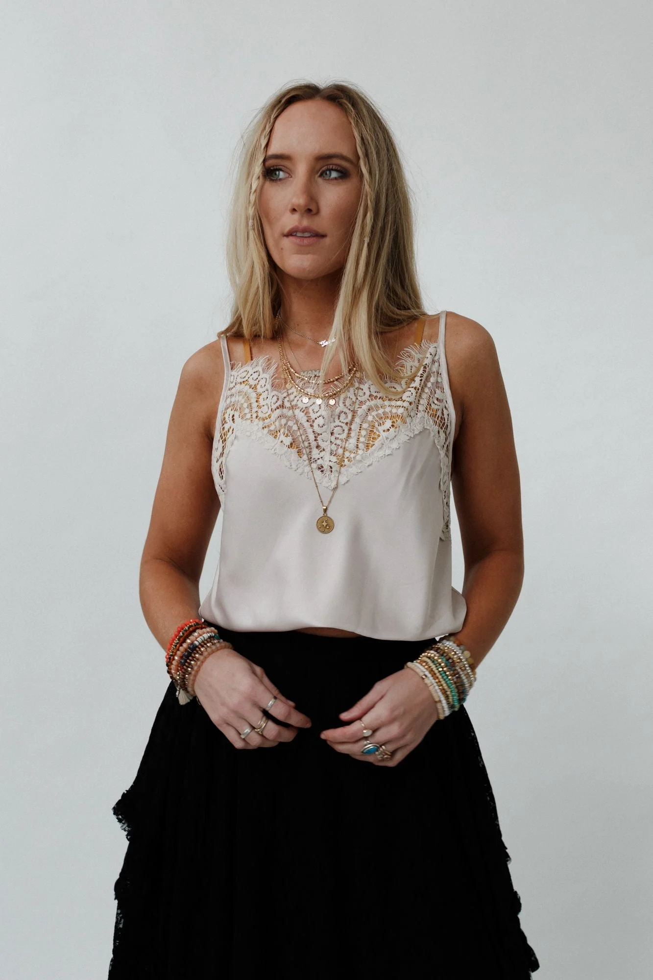Date Night Silky Lace Trim Top - Pearl - Image 7