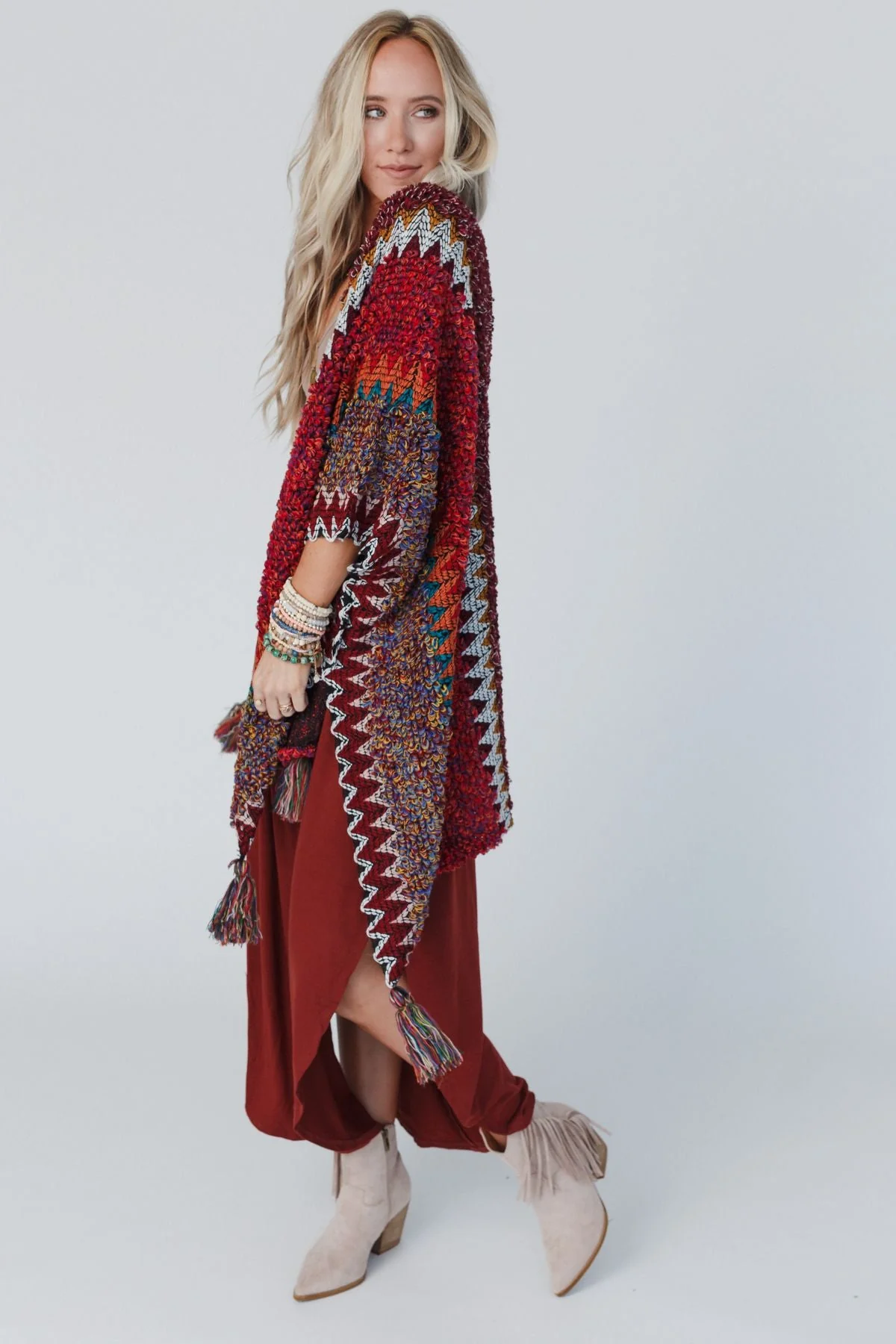 Desert Dreams Crochet Ruana - Maroon - Image 6
