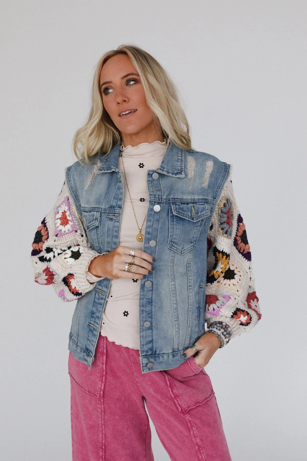 Diamond Blossom Denim Jacket - Beige - Image 2