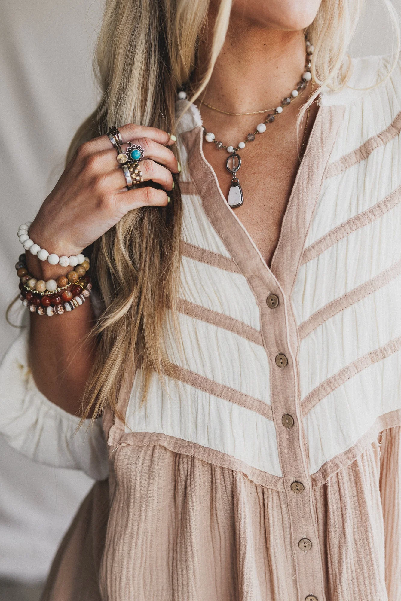 Divided Lines Button Down Tunic - Taupe - Image 3
