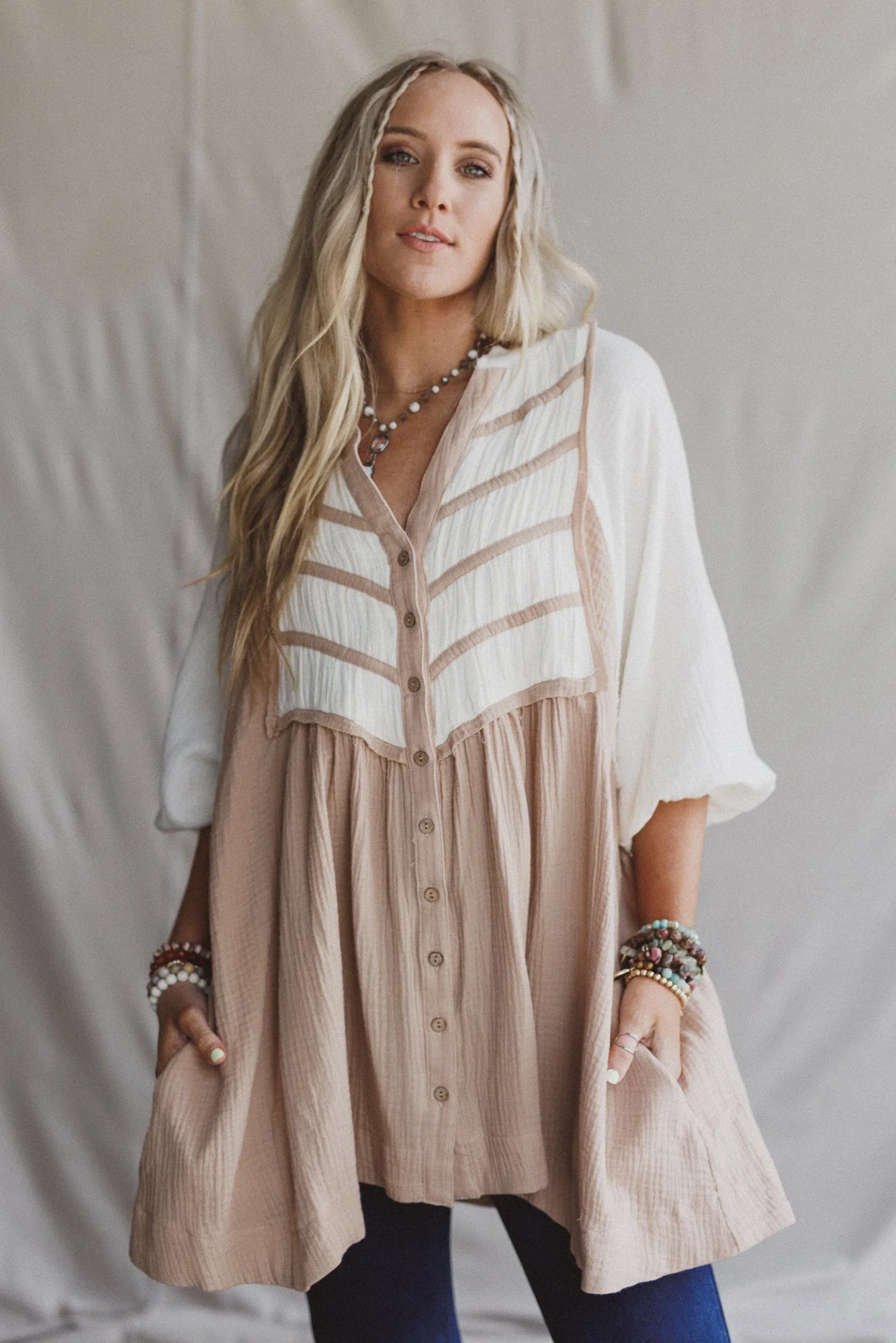 Divided Lines Button Down Tunic - Taupe - Image 4