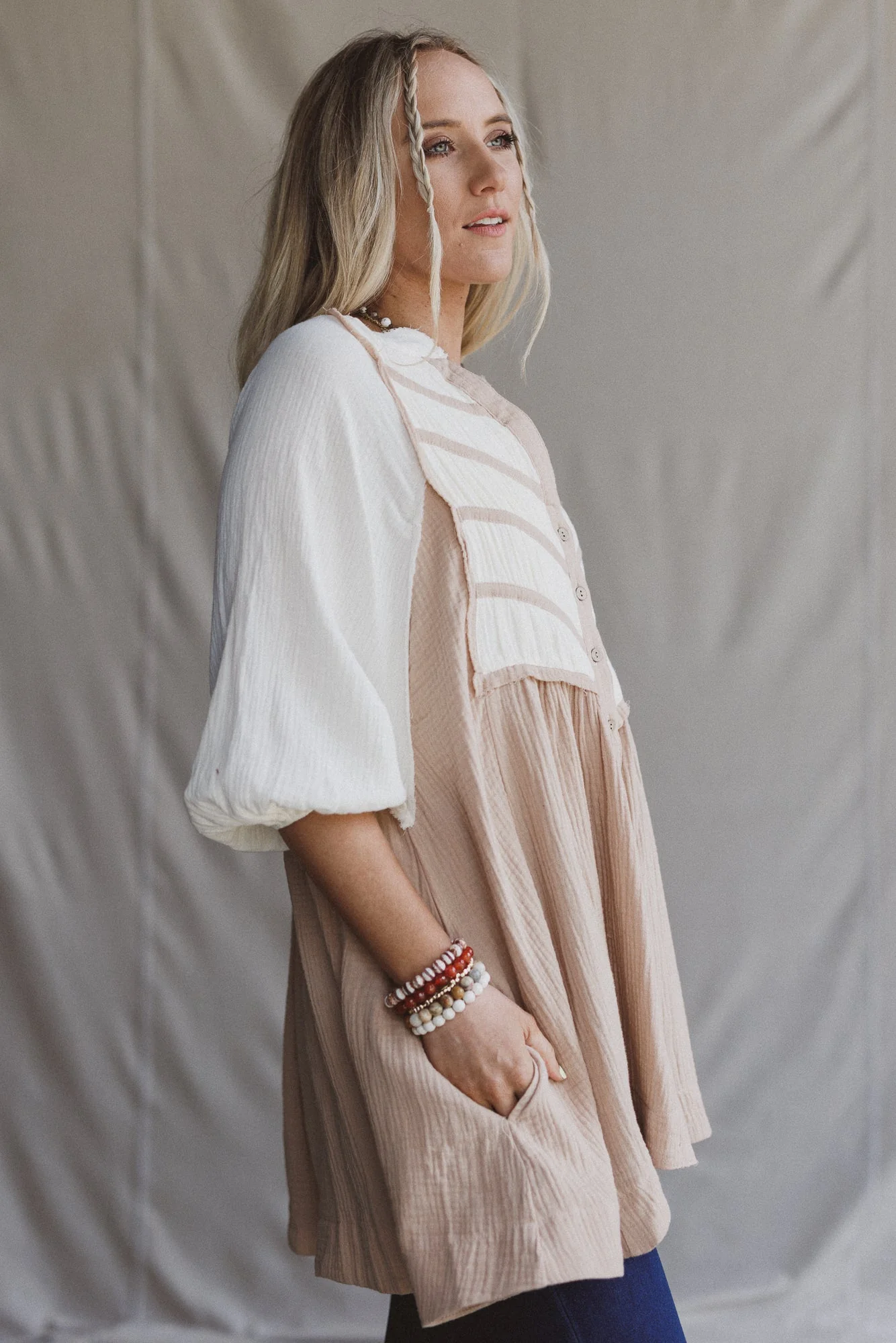 Divided Lines Button Down Tunic - Taupe - Image 5