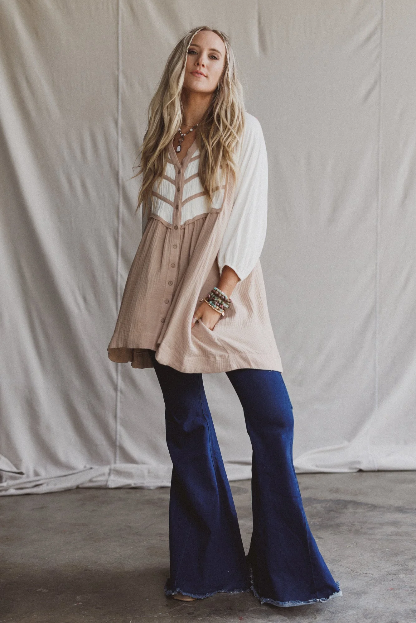 Divided Lines Button Down Tunic - Taupe - Image 7