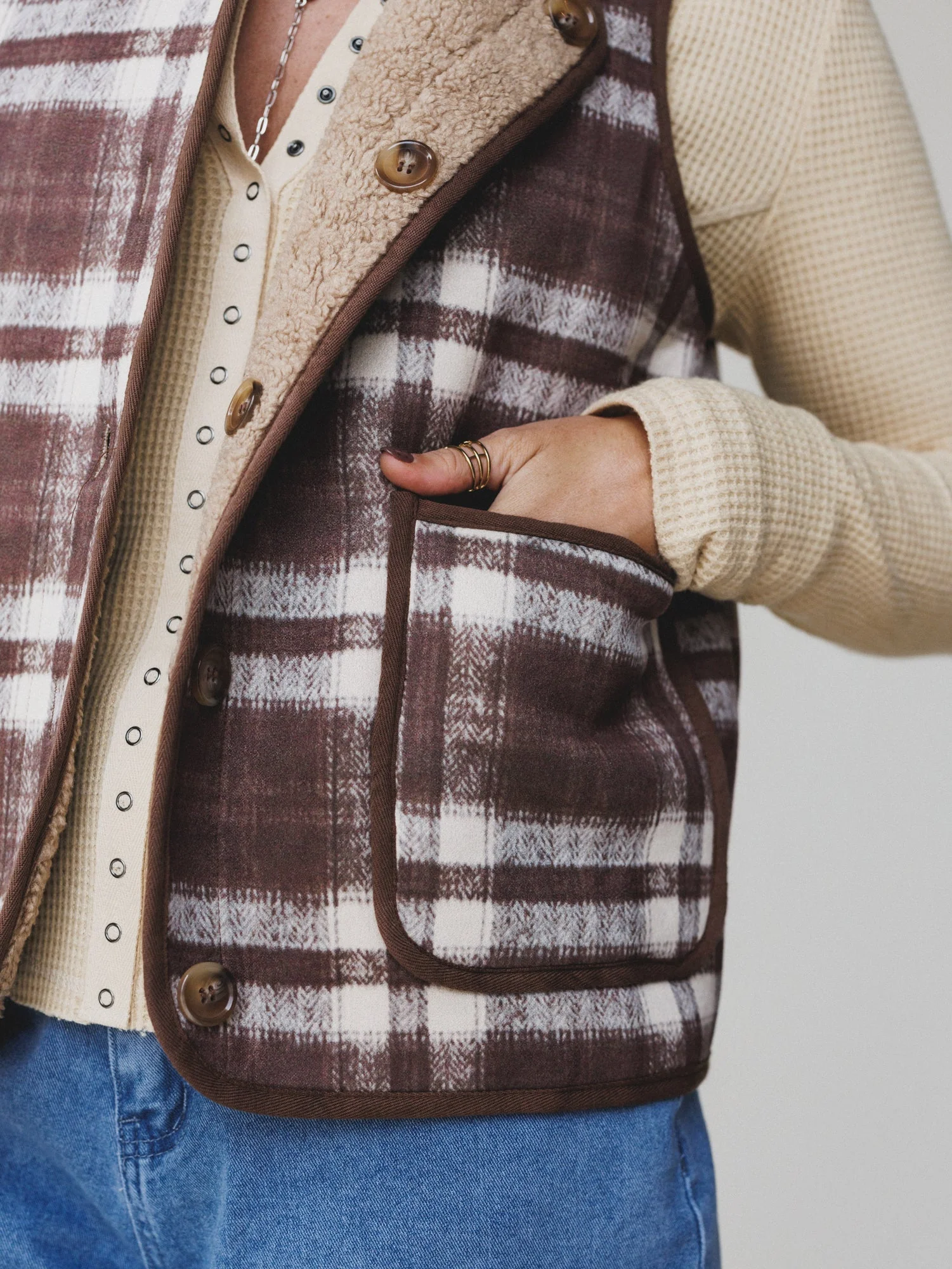 Driftwood Plaid Reversible Vest - Mocha - Image 4