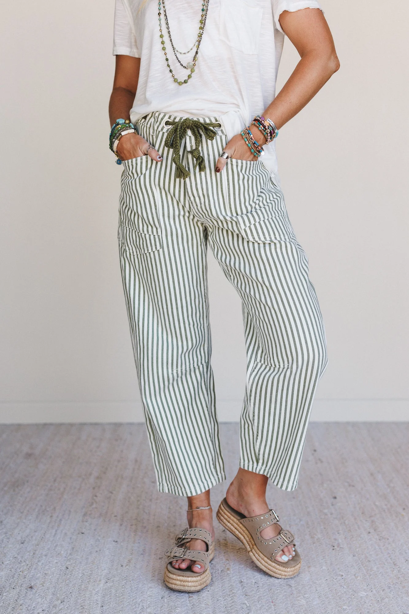 Elevated Eyelet Barrel Jeans - Olive Stripe
