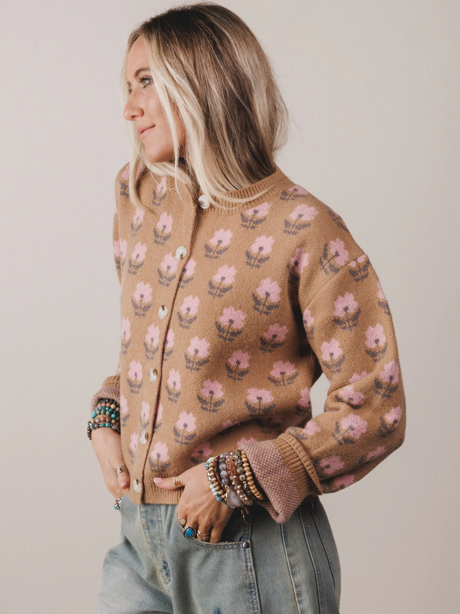 Elodie Floral Cardigan - Mocha - Image 3