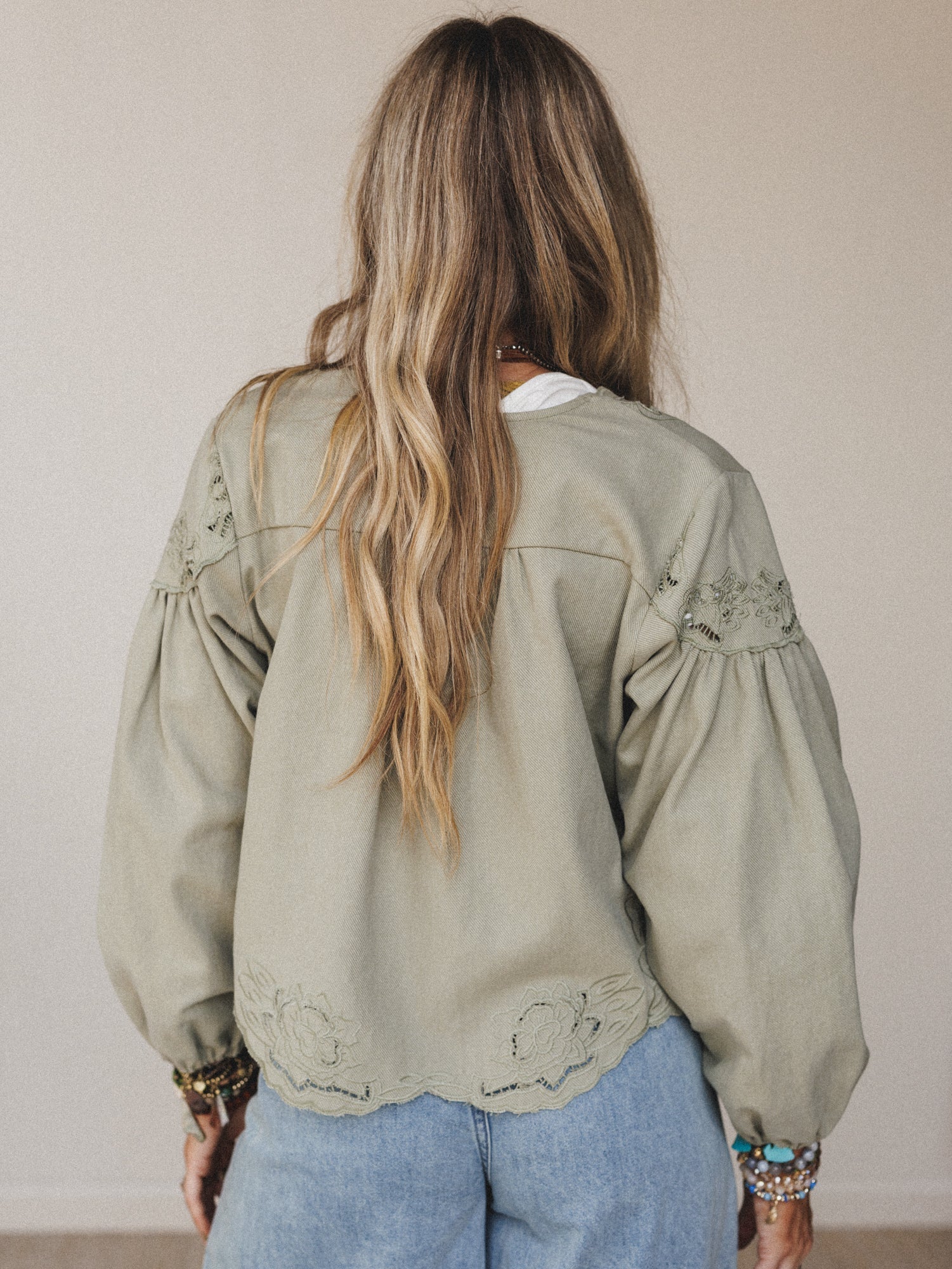 Extra Touch Embroidered Denim Jacket - Olive - Image 5
