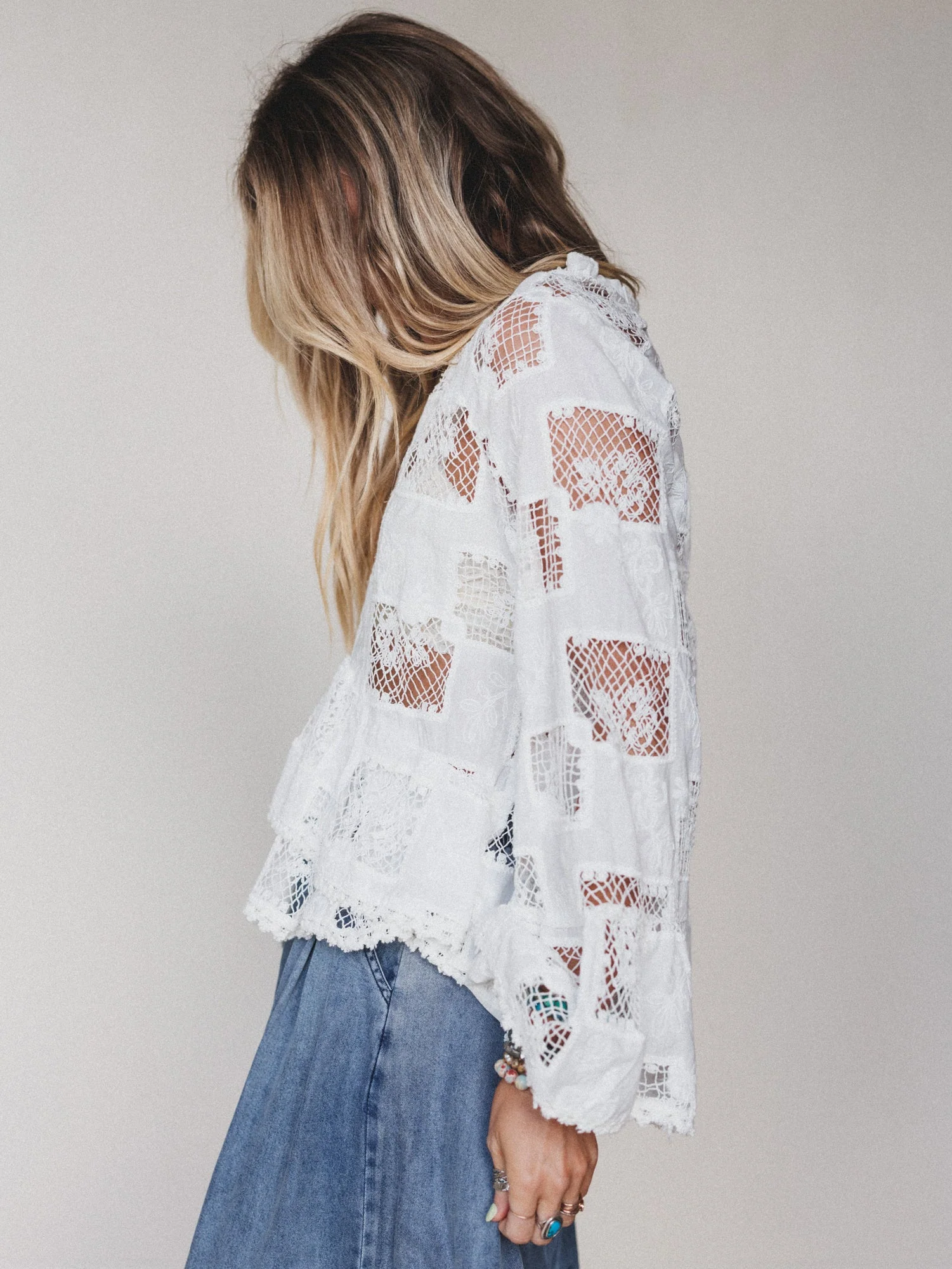Eyelet Garden Bell Sleeve Blouse - Cream - Image 2