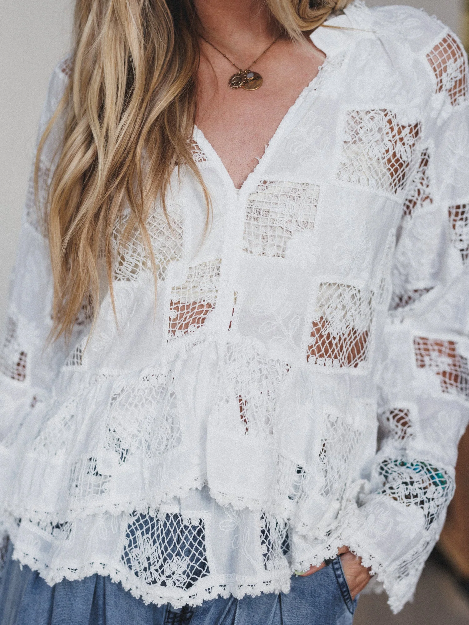 Eyelet Garden Bell Sleeve Blouse - Cream - Image 3