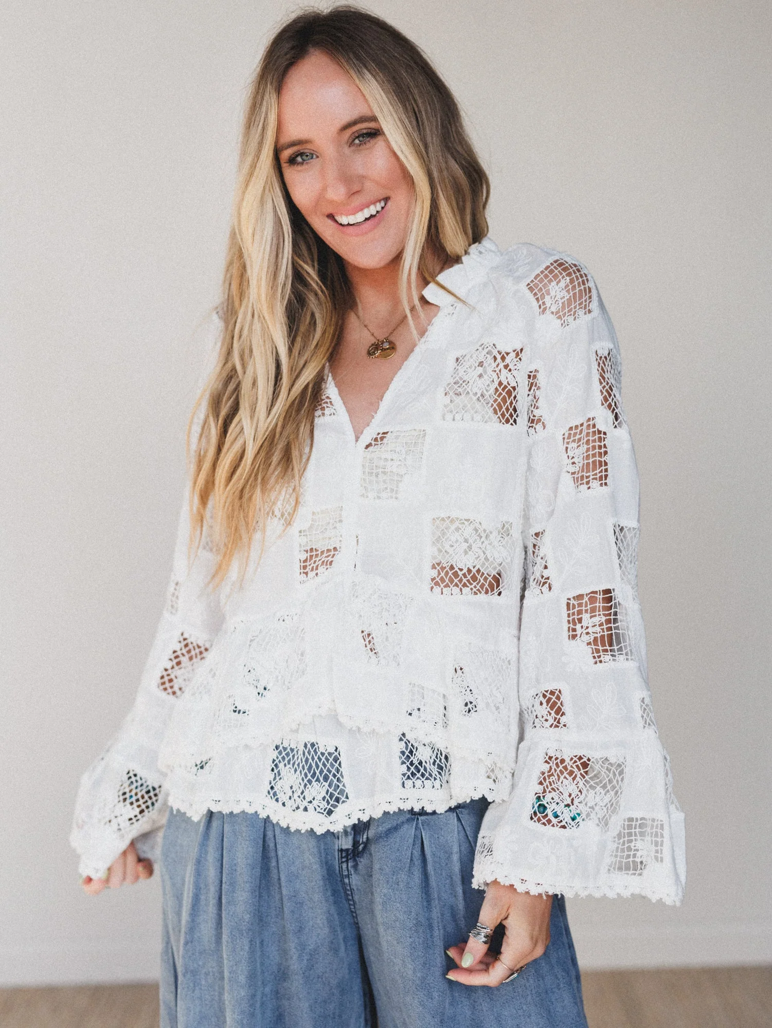 Eyelet Garden Bell Sleeve Blouse - Cream - Image 4