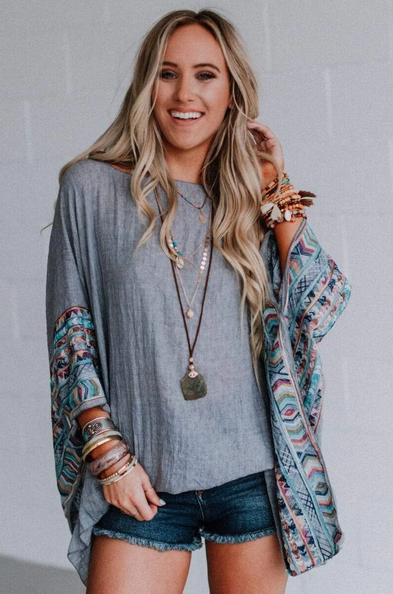 Fallon Embroidered Sleeve Poncho - Gray - Pre Order
