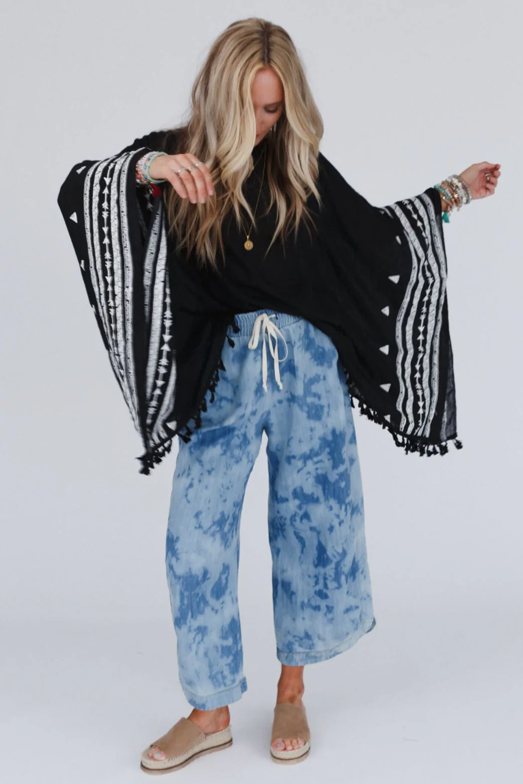 Fallon Embroidered Sleeve Tassel Poncho - Black - Image 3
